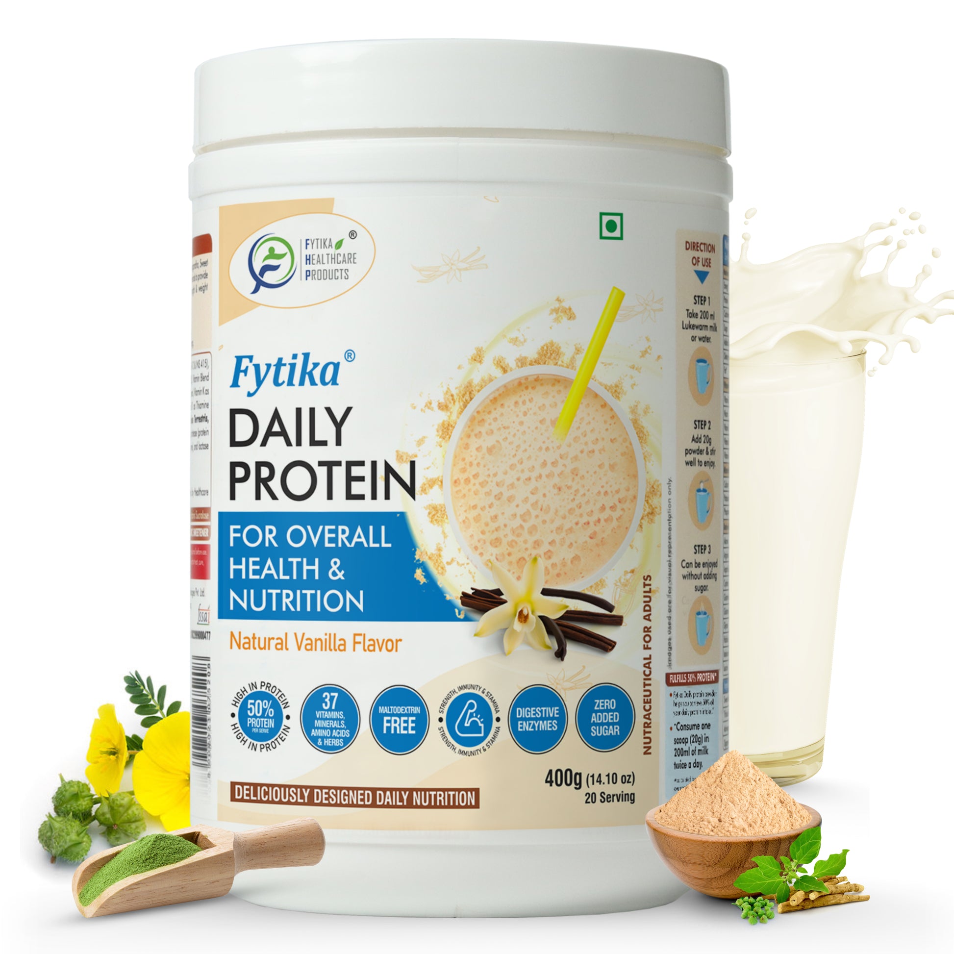 Fytika Daily Protein Powder - Complete Nutrition Drink, 37 Essential Vitamins, Minerals, 50 Percent Protein Per Serve, For Men, Women, Vanilla Flavor - 400 G - Fytika Healthcare Products