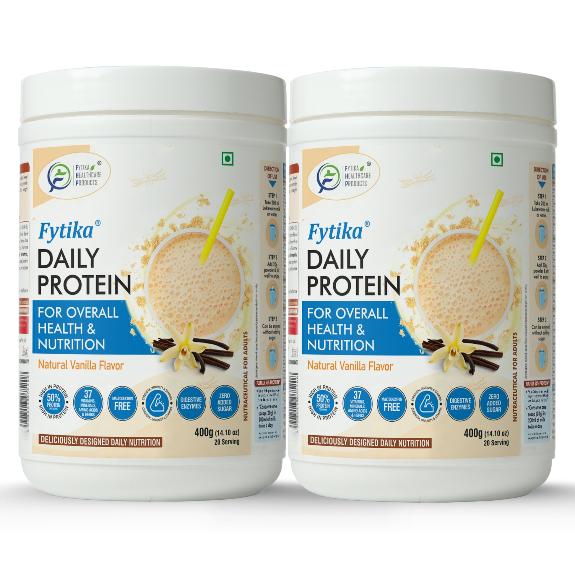 Fytika Daily Protein Powder - Complete Nutrition Drink, 37 Essential Vitamins, Minerals, 50 Percent Protein Per Serve, For Men, Women, Vanilla Flavor - 400 G - Fytika Healthcare Products