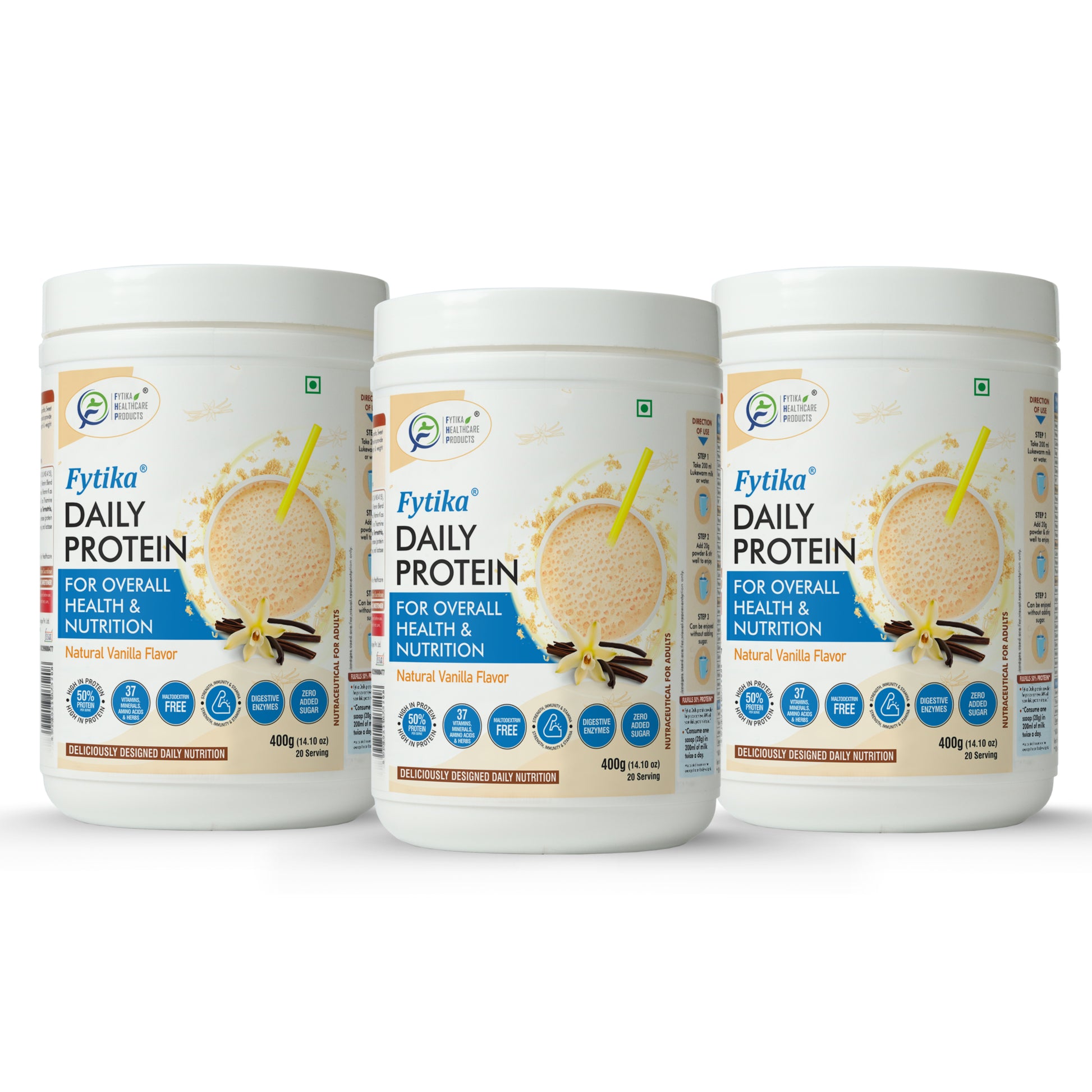 Fytika Daily Protein Powder - Complete Nutrition Drink, 37 Essential Vitamins, Minerals, 50 Percent Protein Per Serve, For Men, Women, Vanilla Flavor - 400 G - Fytika Healthcare Products