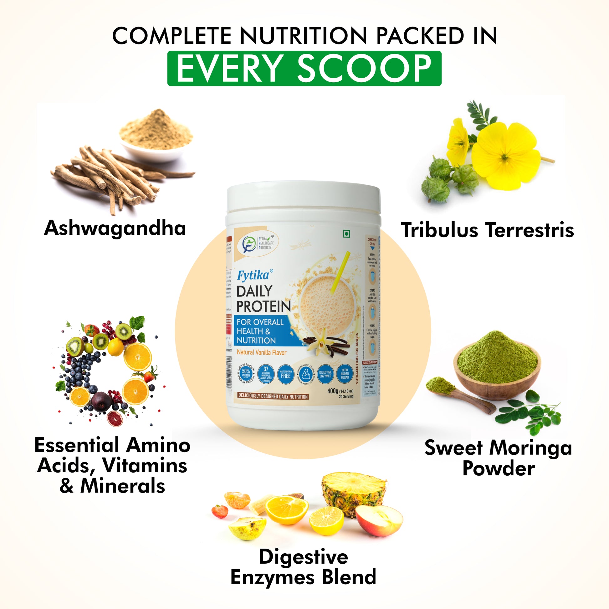 Fytika Daily Protein Powder - Complete Nutrition Drink, 37 Essential Vitamins, Minerals, 50 Percent Protein Per Serve, For Men, Women, Vanilla Flavor - 400 G - Fytika Healthcare Products