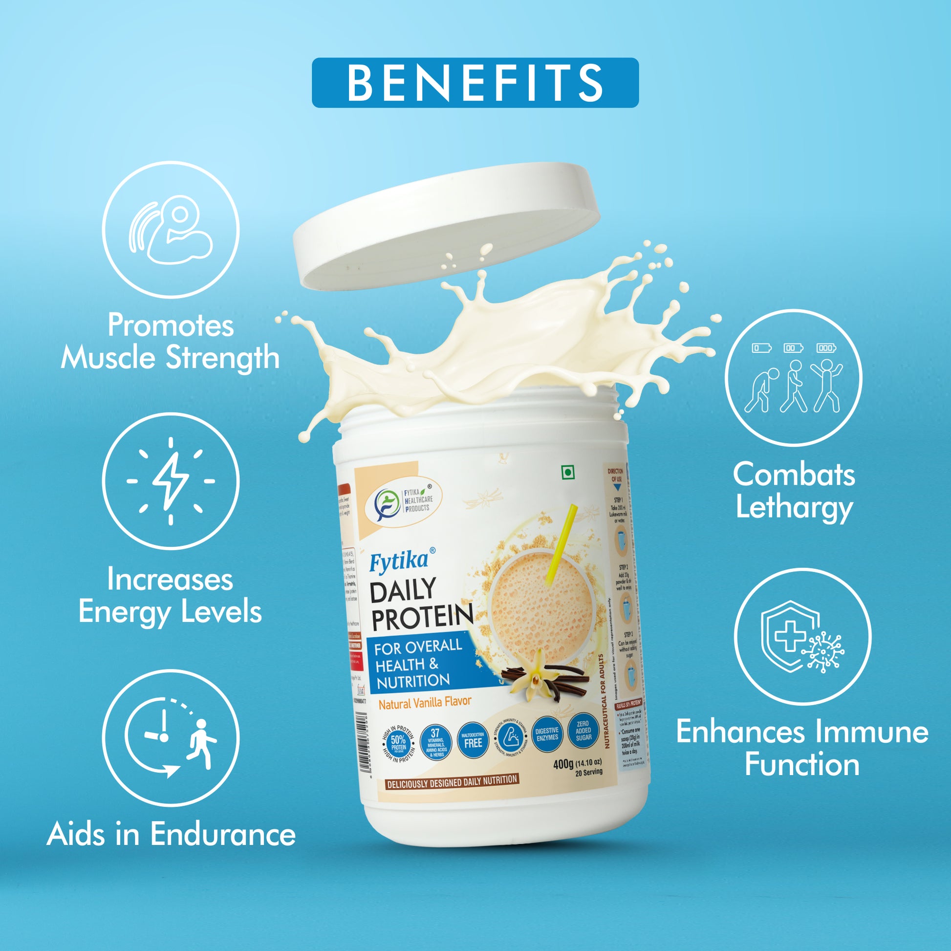 Fytika Daily Protein Powder - Complete Nutrition Drink, 37 Essential Vitamins, Minerals, 50 Percent Protein Per Serve, For Men, Women, Vanilla Flavor - 400 G - Fytika Healthcare Products