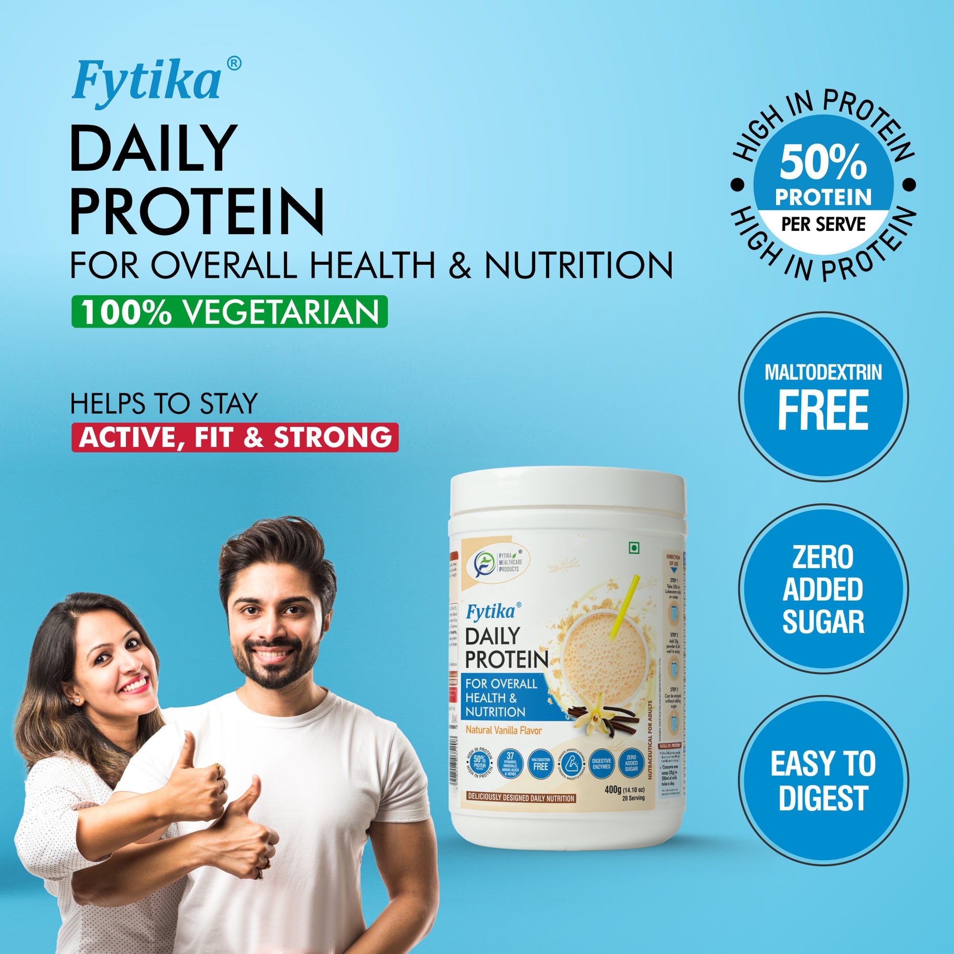 Fytika Daily Protein Powder - Complete Nutrition Drink, 37 Essential Vitamins, Minerals, 50 Percent Protein Per Serve, For Men, Women, Vanilla Flavor - 400 G - Fytika Healthcare Products