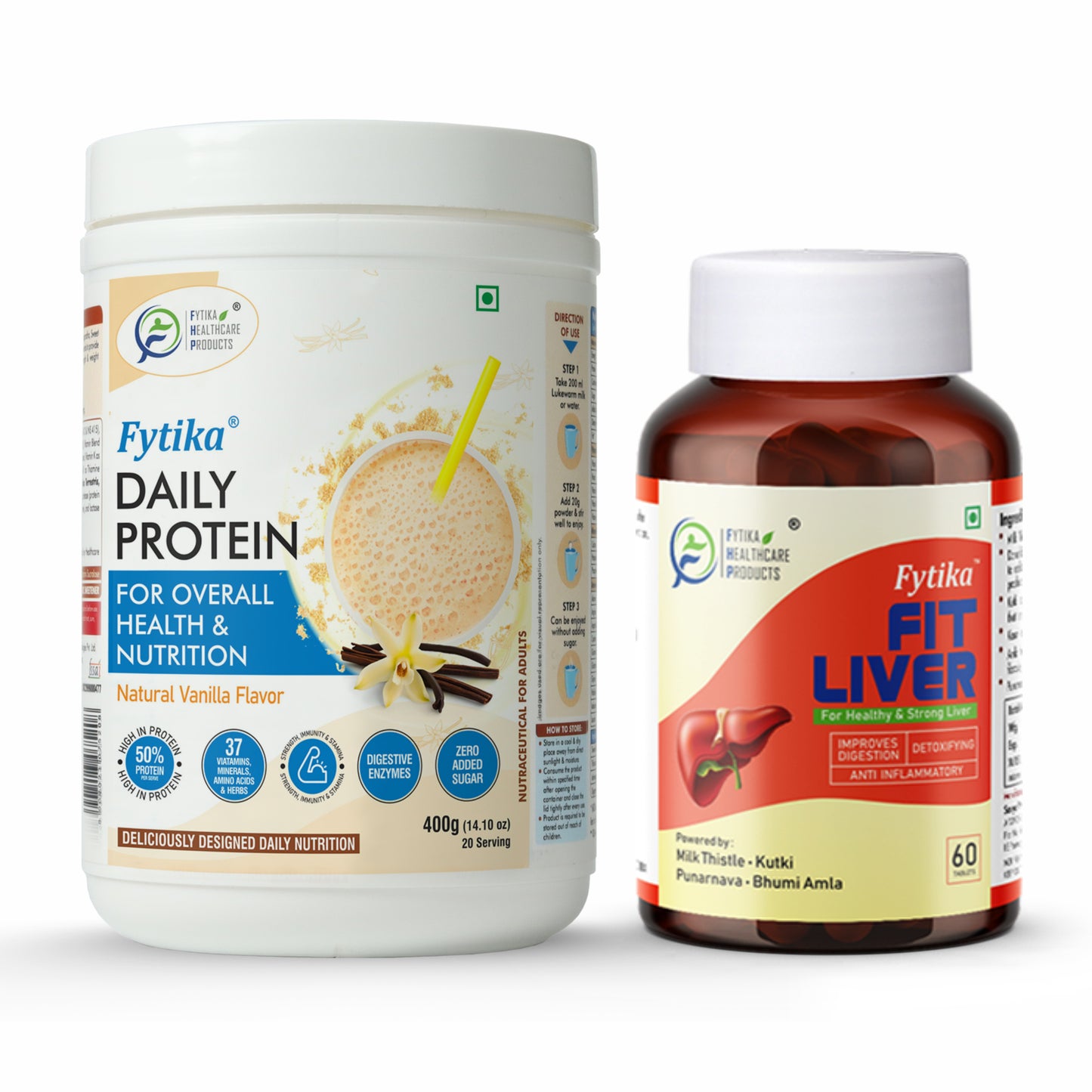 Fytika Complete Wellness and Liver Support Combo : Daily Protein Powder Vanilla Flavour - 400 G and Fit Liver - 60 Tablets