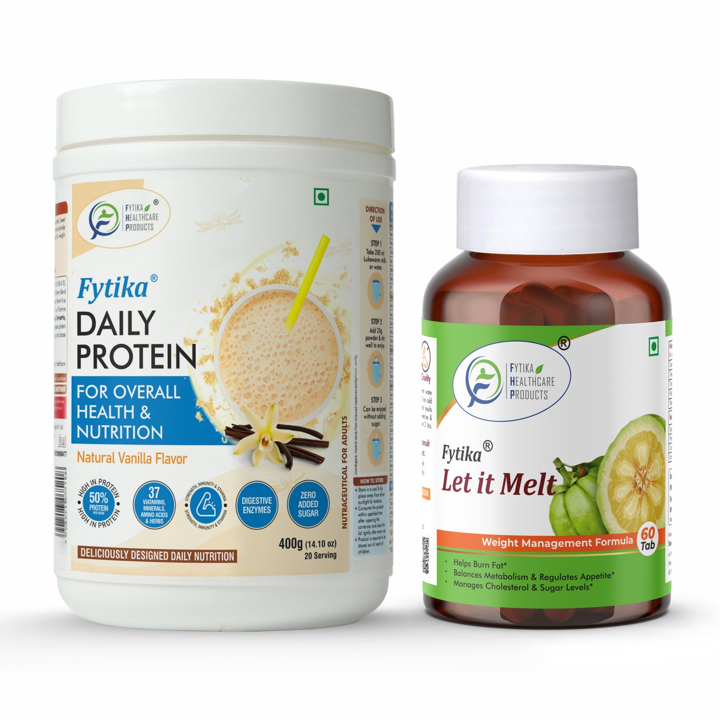 Fytika Ultimate Weight Management Combo - Daily Protein Powder Vanilla Flavour - 400 G and Let It Melt - 60 Tablets