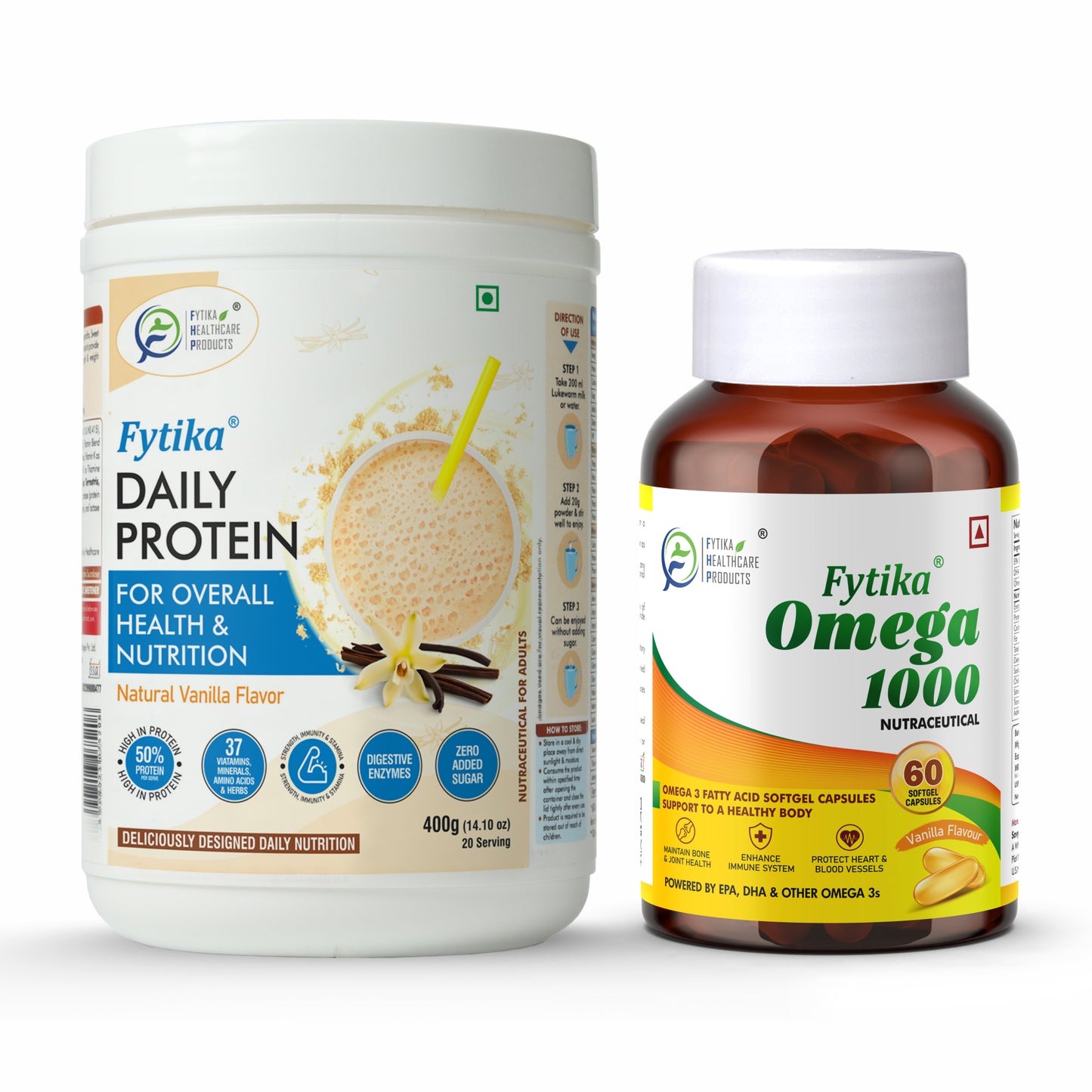 Fytika Ultimate Fitness Combo - Daily Protein Powder Vanilla Flavour - 400G and Omega 1000 - 60 Capsules - For Heart, Brain, Muscle Support, Completes Nutrition For Men and Women