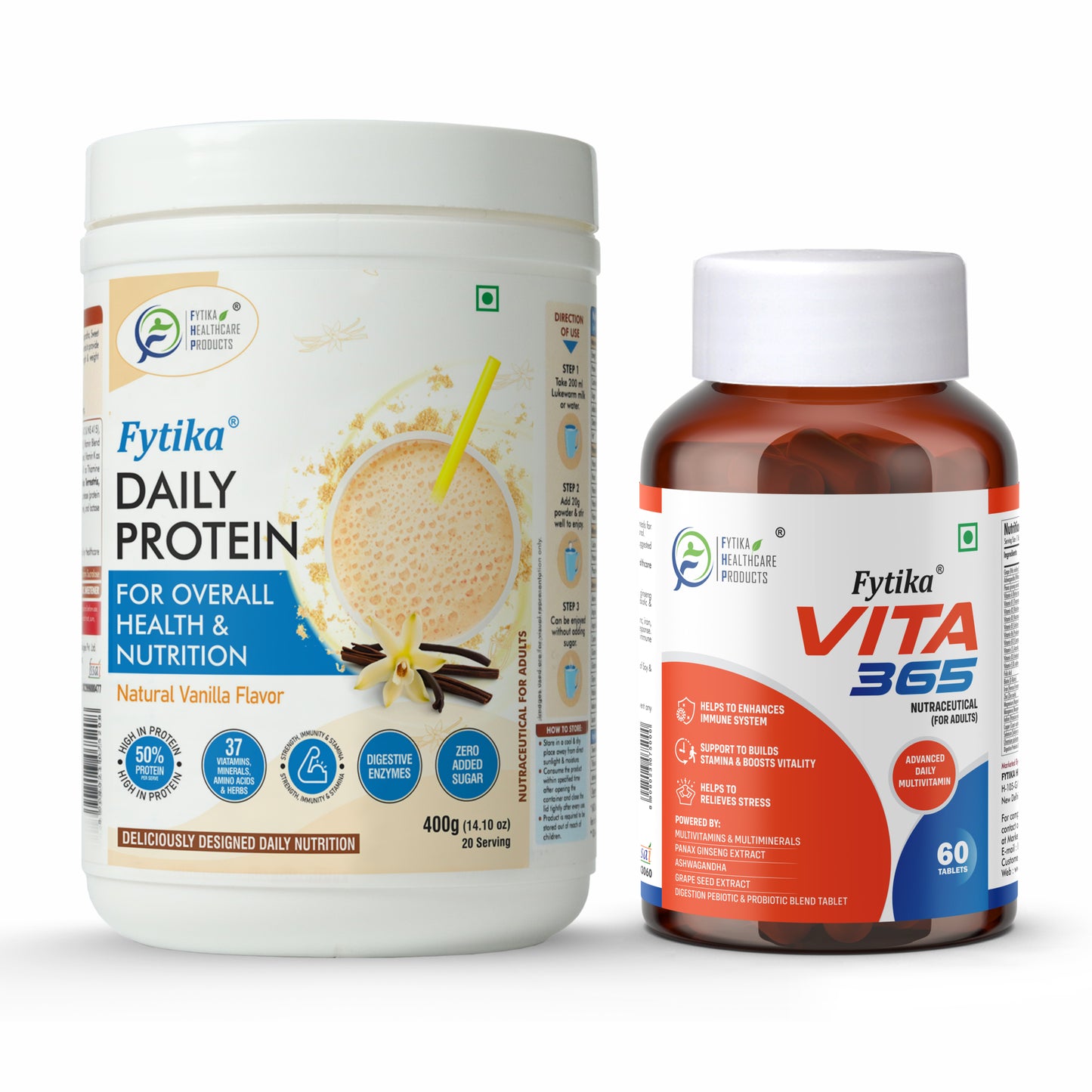 Fytika Complete Nutrition Combo - Daily Protein Powder Vanilla Flavour - 400 G and Vita 365 - 60 Tablets