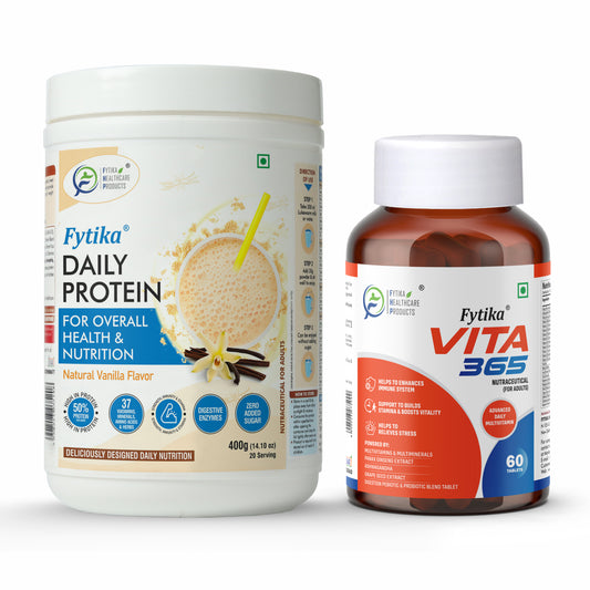 Fytika Complete Nutrition Combo - Daily Protein Powder Vanilla Flavour - 400 G and Vita 365 - 60 Tablets - Fytika Healthcare Products