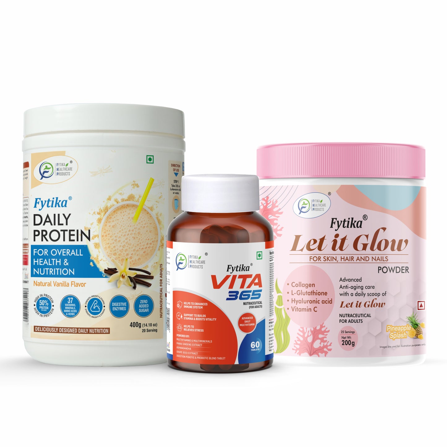 Fytika Daily Protein Powder Vanilla Flavour - 400G, Let it Glow Collagen Powder Pineapple Flavour - 200G and Vita 365 - 60 Tablets - Boosts Energy, Skin Radiance, Immunity, Gut Health, Manages Stress, For Men and Women - Fytika Healthcare Products
