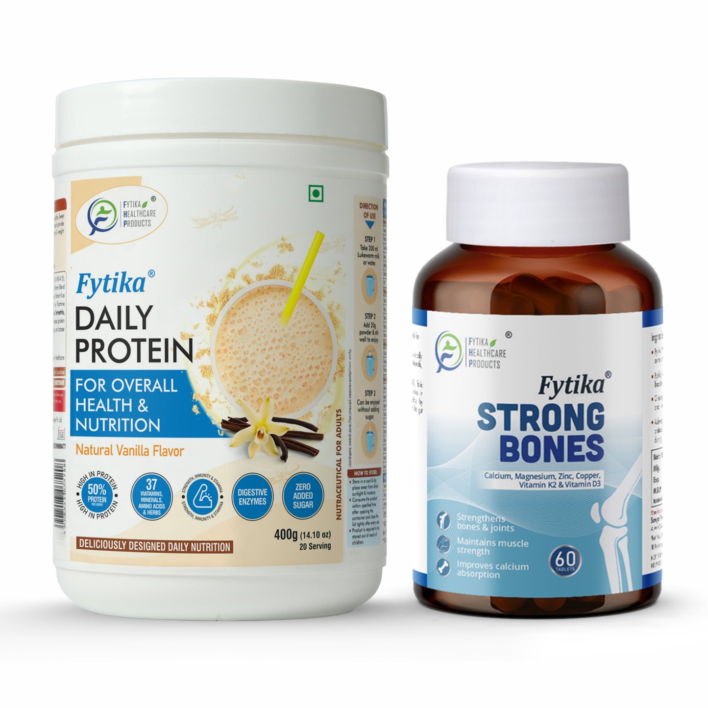 Fytika Ultimate Bone Combo - Daily Protein Powder Vanilla Flavour - 400G and Strong Bones 60 Tablets - Boosts Energy, Complete Nutrition, Bone Health, Supports Bone Health | For Men and Women