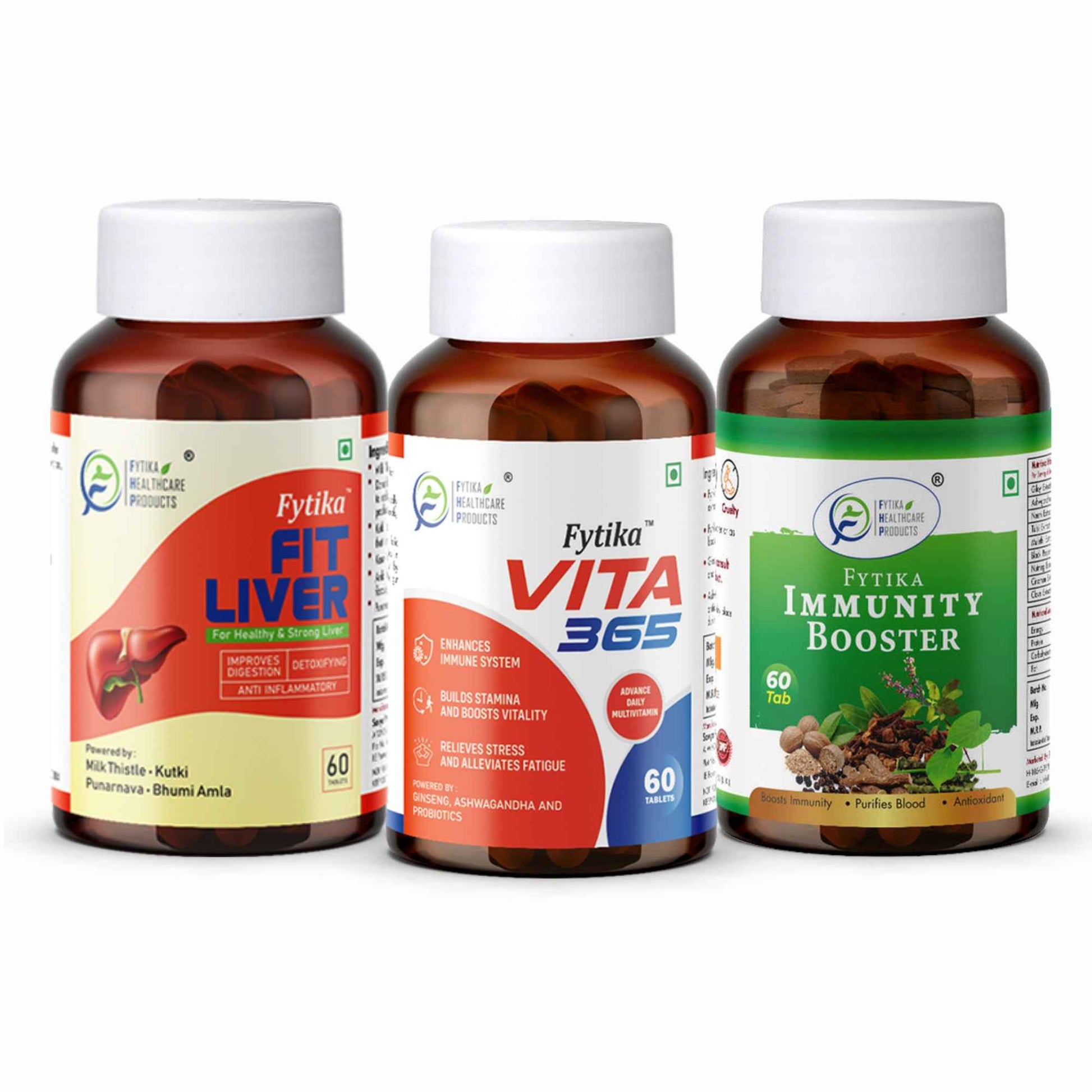 Fytika Fit Liver, Vita 365 and Immunity Booster: Liver Detox, Immunity Booster, For Men, Women - 60 Tablets Each