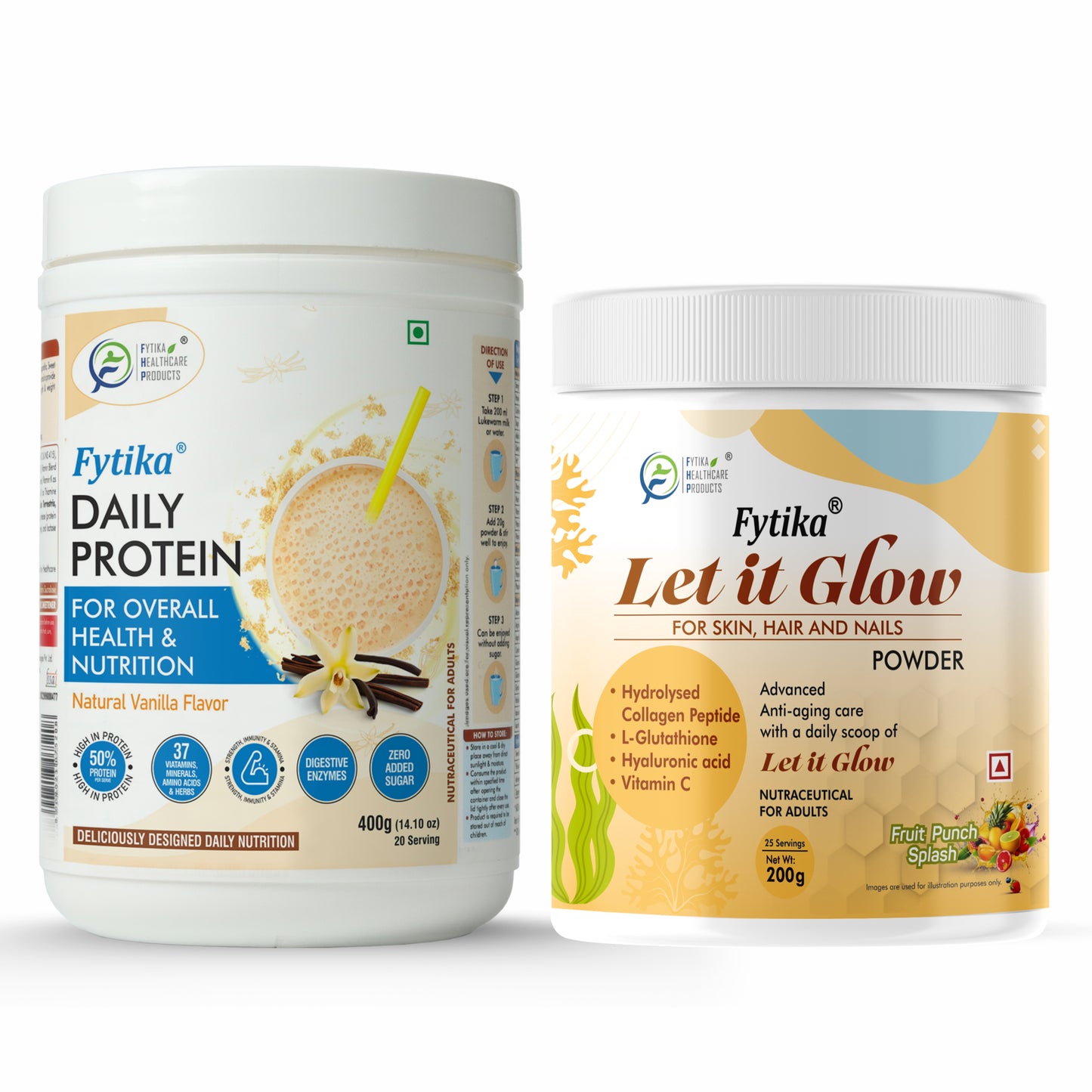 Fytika Daily Protein Vanilla Flavour- 400G and Let it Glow Collagen Fruit Punch Flavour - 200G Combo - Boosts Energy, Skin Radiance, Immunity, Hair Health, Ashwagandha, 37 Vitamins, For Men and Women
