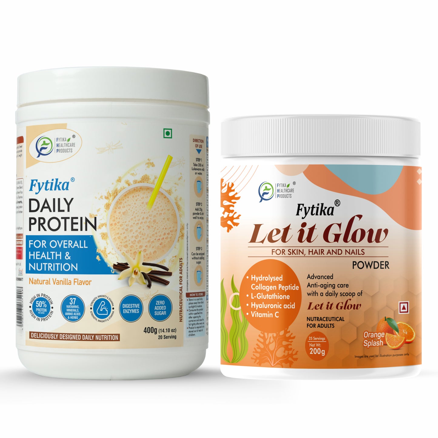 Fytika Daily Protein Powder Vanilla Flavour - 400G and Let it Glow Collagen Orange Splash Flavour - 200G Combo: Boosts Energy, Skin Radiance, Immunity, Hair Health, For Men and Women - Fytika Healthcare Products