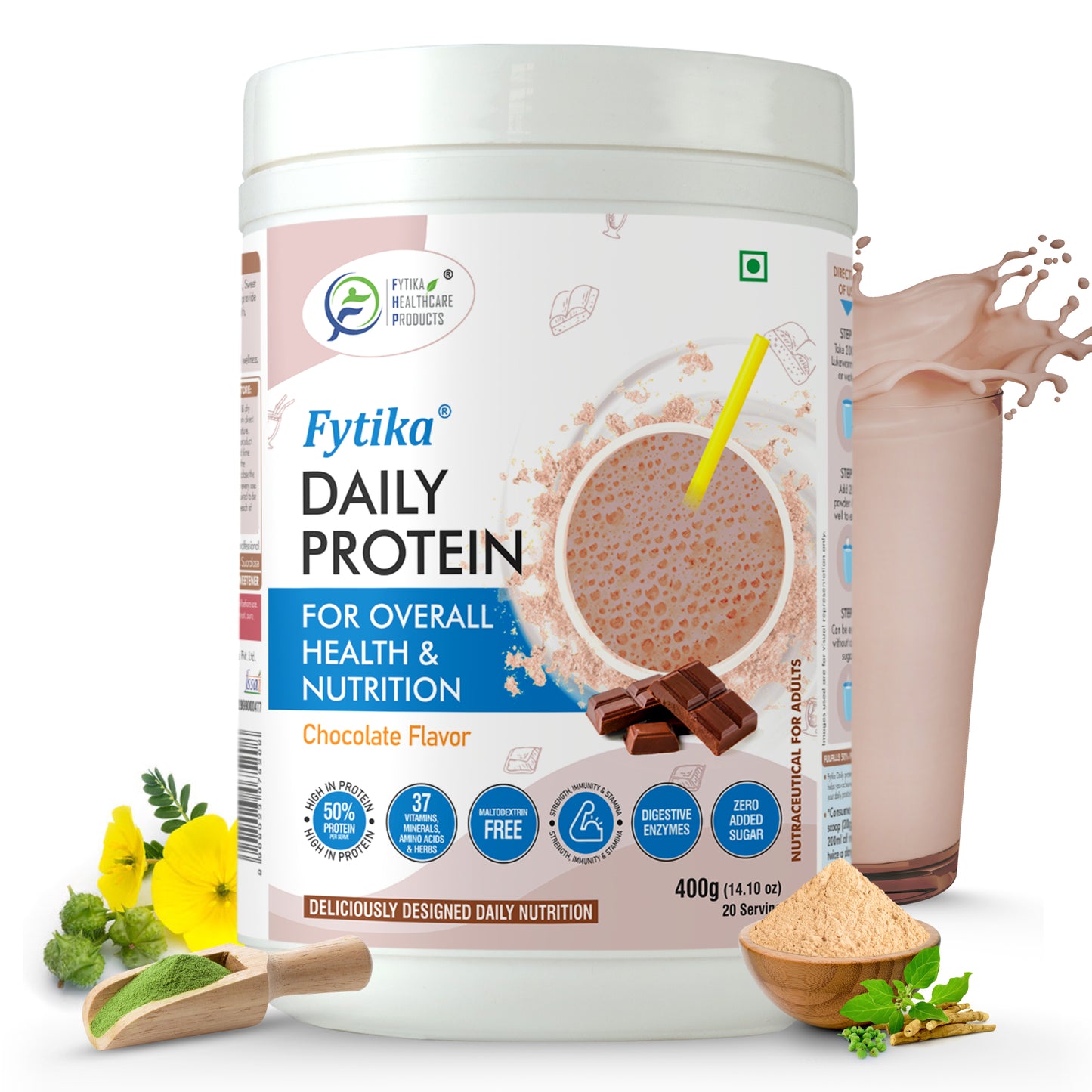 Fytika Daily Protein Powder- Chocolate Flavour - Complete Nutrition Drink with 37 Essential Vitamins and Minerals | 50% Protein Per Serve | High Protein Drink for Men and Women | Net - 400g - Fytika Healthcare Products