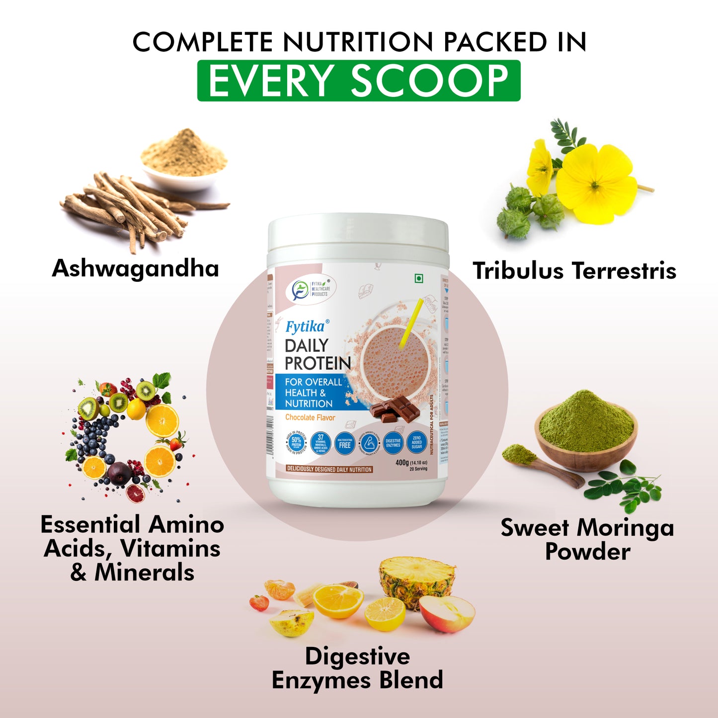 Fytika Daily Protein Powder- Chocolate Flavour - Complete Nutrition Drink with 37 Essential Vitamins and Minerals | 50% Protein Per Serve | High Protein Drink for Men and Women | Net - 400g - Fytika Healthcare Products