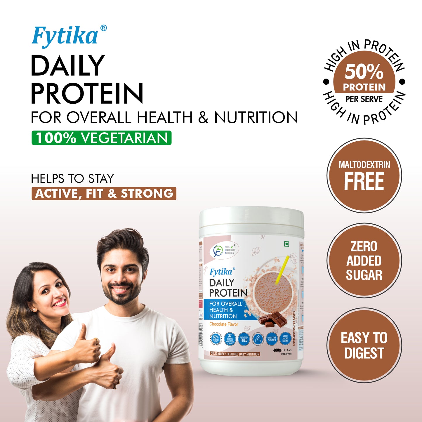 Fytika Daily Protein Powder- Chocolate Flavour - Complete Nutrition Drink with 37 Essential Vitamins and Minerals | 50% Protein Per Serve | High Protein Drink for Men and Women | Net - 400g - Fytika Healthcare Products