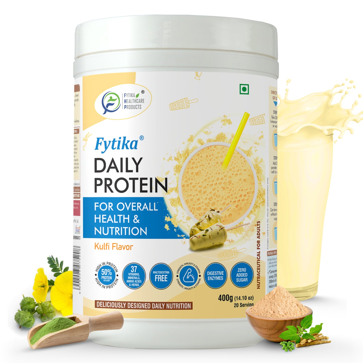 Fytika Daily Protein Powder - Kulfi Flavour - Complete Nutrition Drink with 37 Essential Vitamins and Minerals | 50% Protein Per Serve | High Protein Drink for Men and Women | Net - 400g