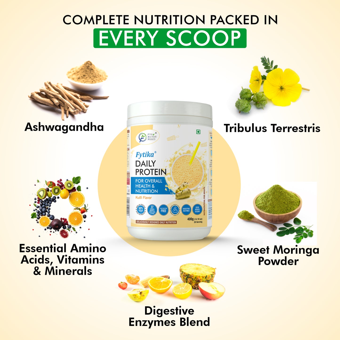 Fytika Daily Protein Powder - Kulfi Flavour - Complete Nutrition Drink with 37 Essential Vitamins and Minerals | 50% Protein Per Serve | High Protein Drink for Men and Women | Net - 400g - Fytika Healthcare Products