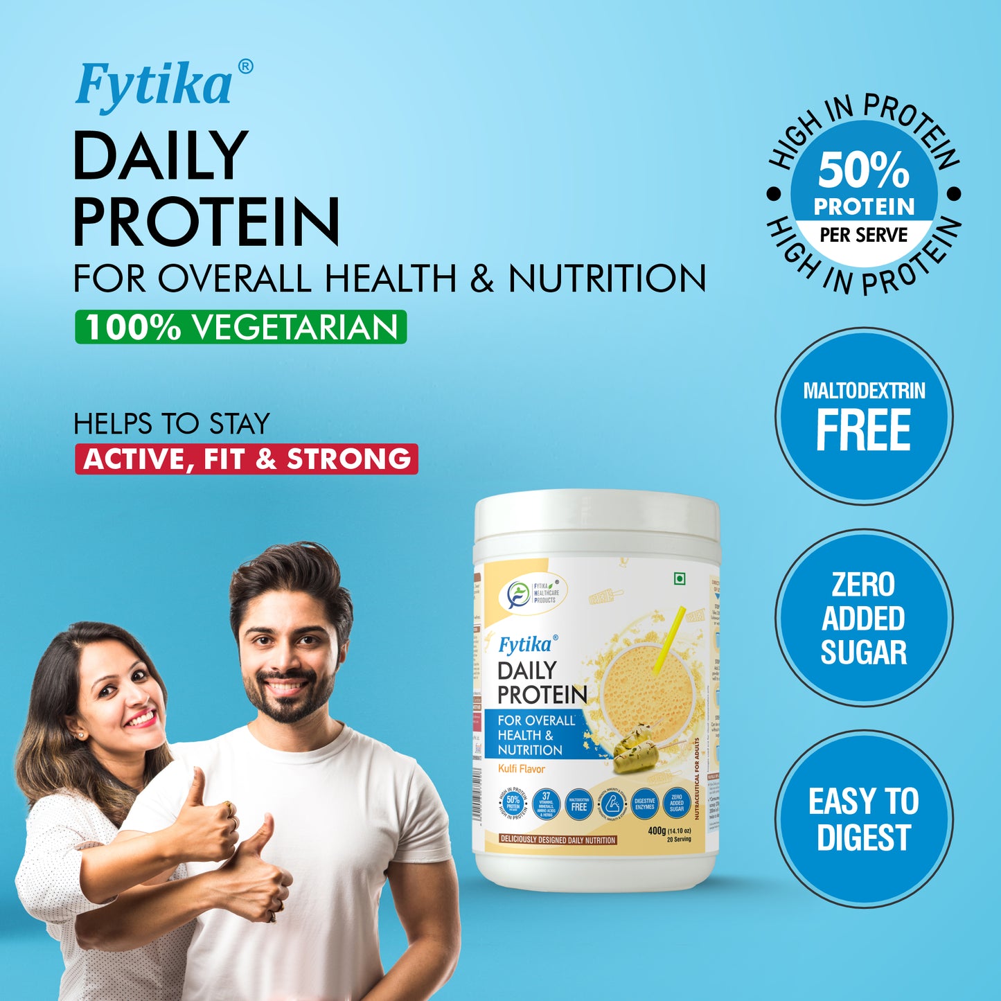 Fytika Daily Protein Powder - Kulfi Flavour - Complete Nutrition Drink with 37 Essential Vitamins and Minerals | 50% Protein Per Serve | High Protein Drink for Men and Women | Net - 400g - Fytika Healthcare Products