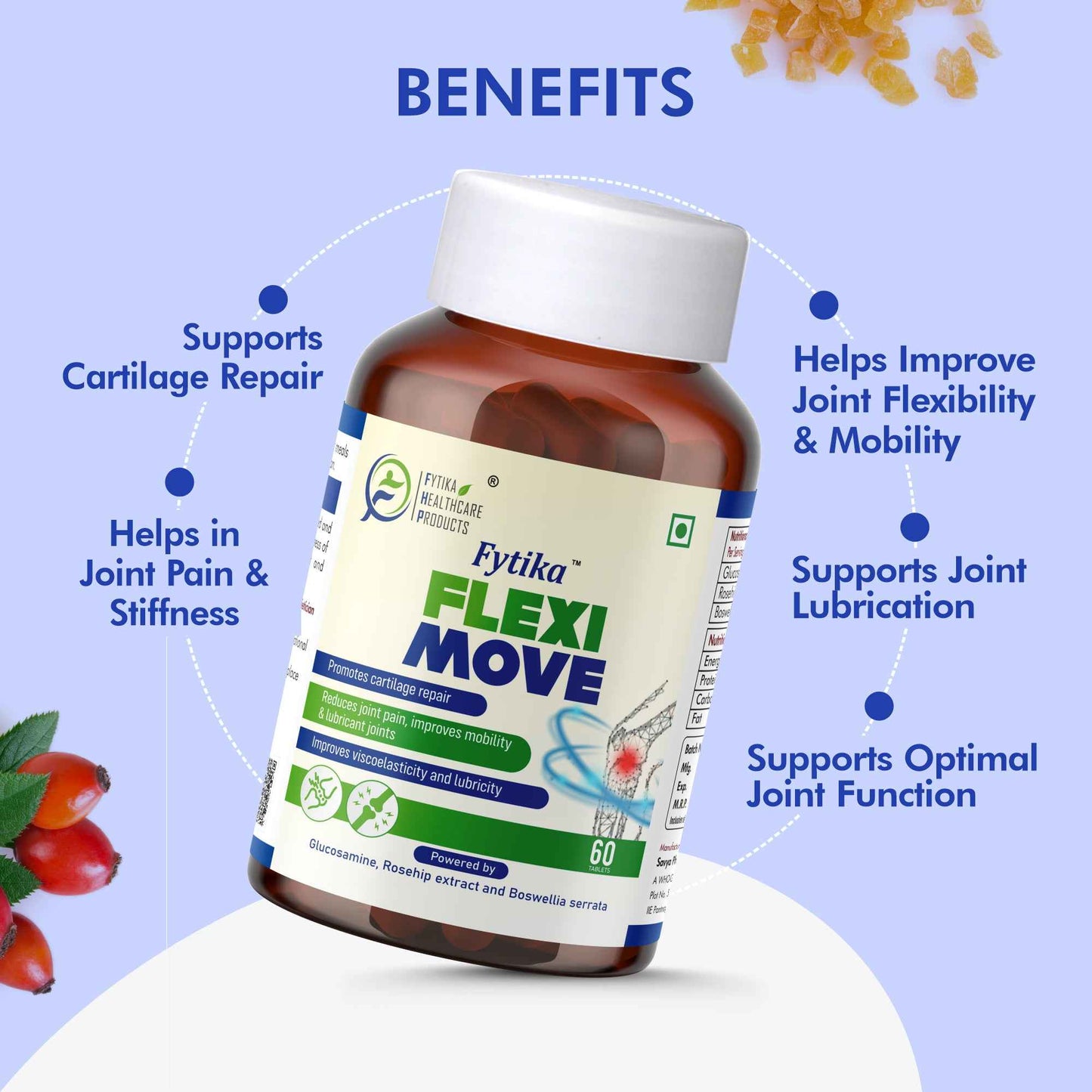 Fytika Flexi Move - Joint Support Supplement, Glucosamine, Rosehip, Boswellia Serrata, Supports Bone, Joint, Cartilage Health, For Men, Women - Pack Of 3 (180 Tabs)