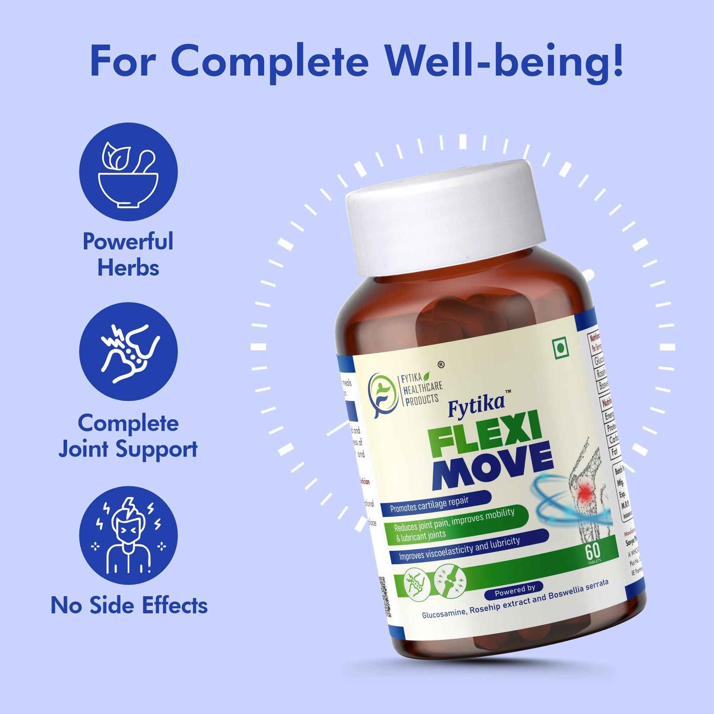 Fytika Flexi Move - Joint Support Supplement, Glucosamine, Rosehip, Boswellia Serrata, Supports Bone, Joint, Cartilage Health, For Men, Women - Pack Of 3 (180 Tabs)