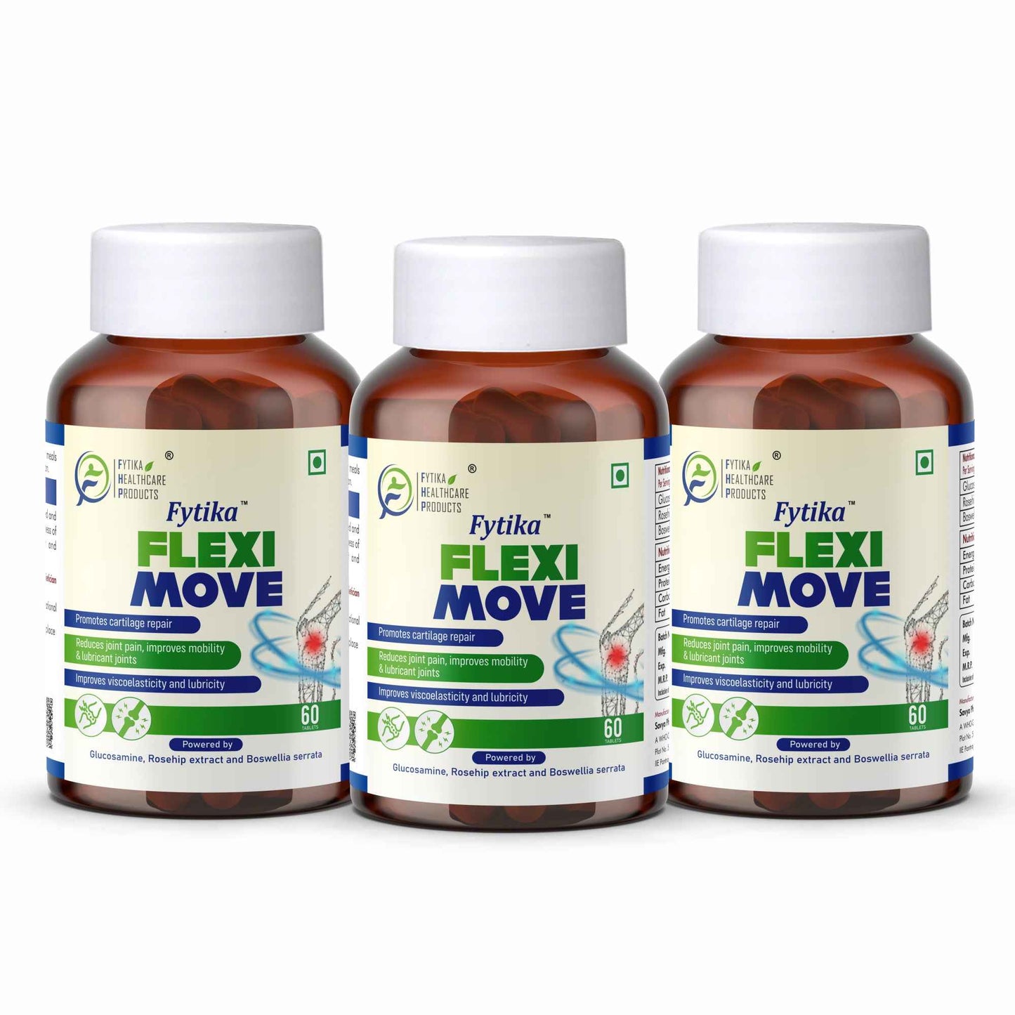 Fytika Flexi Move - Joint Support Supplement, Glucosamine, Rosehip, Boswellia Serrata, Supports Bone, Joint, Cartilage Health, For Men, Women - Pack Of 3 (180 Tabs)