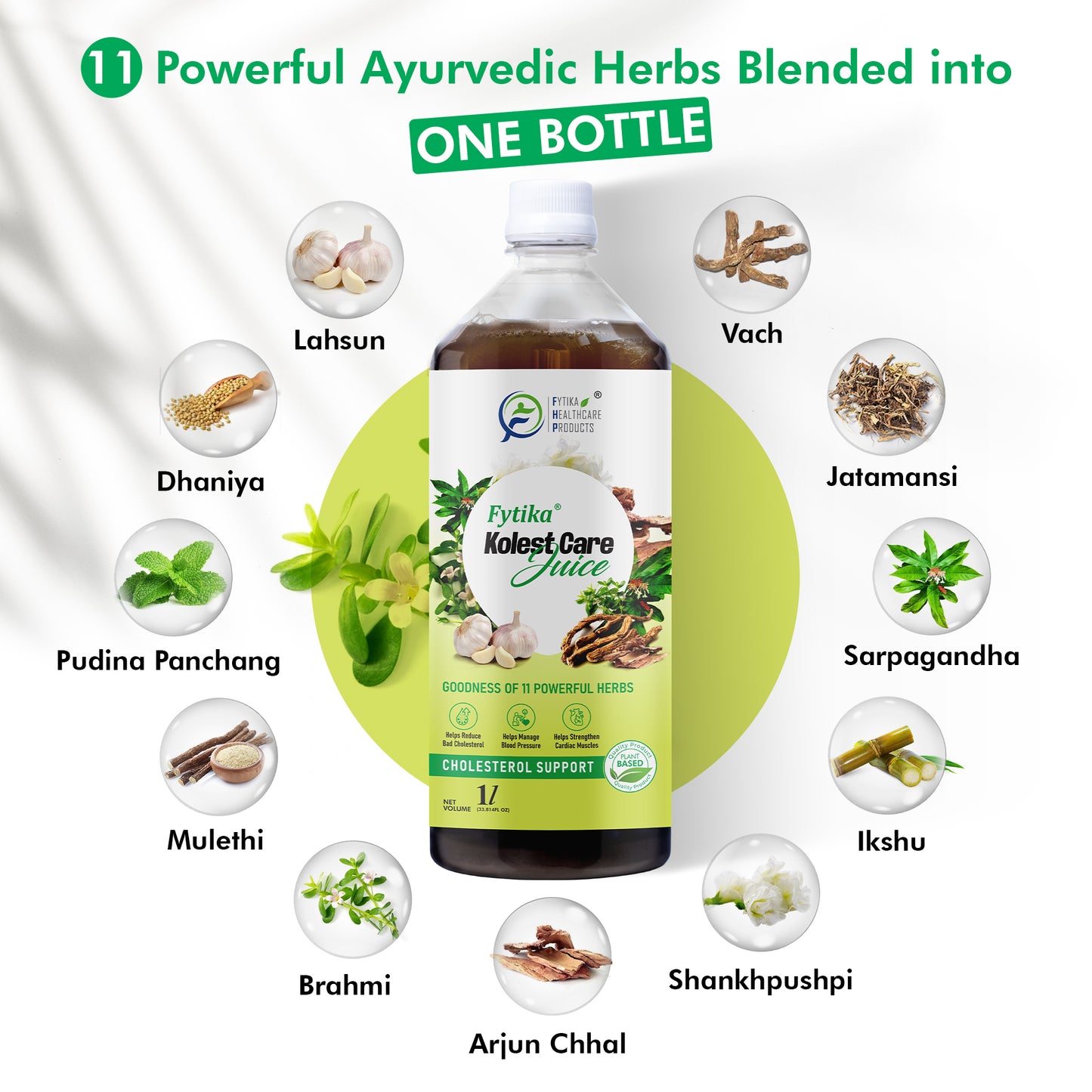 Fytika Kolest Care Juice - Cholesterol Support Juice | Arjun Chhal,Vach, Jatamansi, Shankpushpi, Pudina, Mulethi, Dhaniya, Lahsun | For Men & Women - 1L - Fytika Healthcare Products