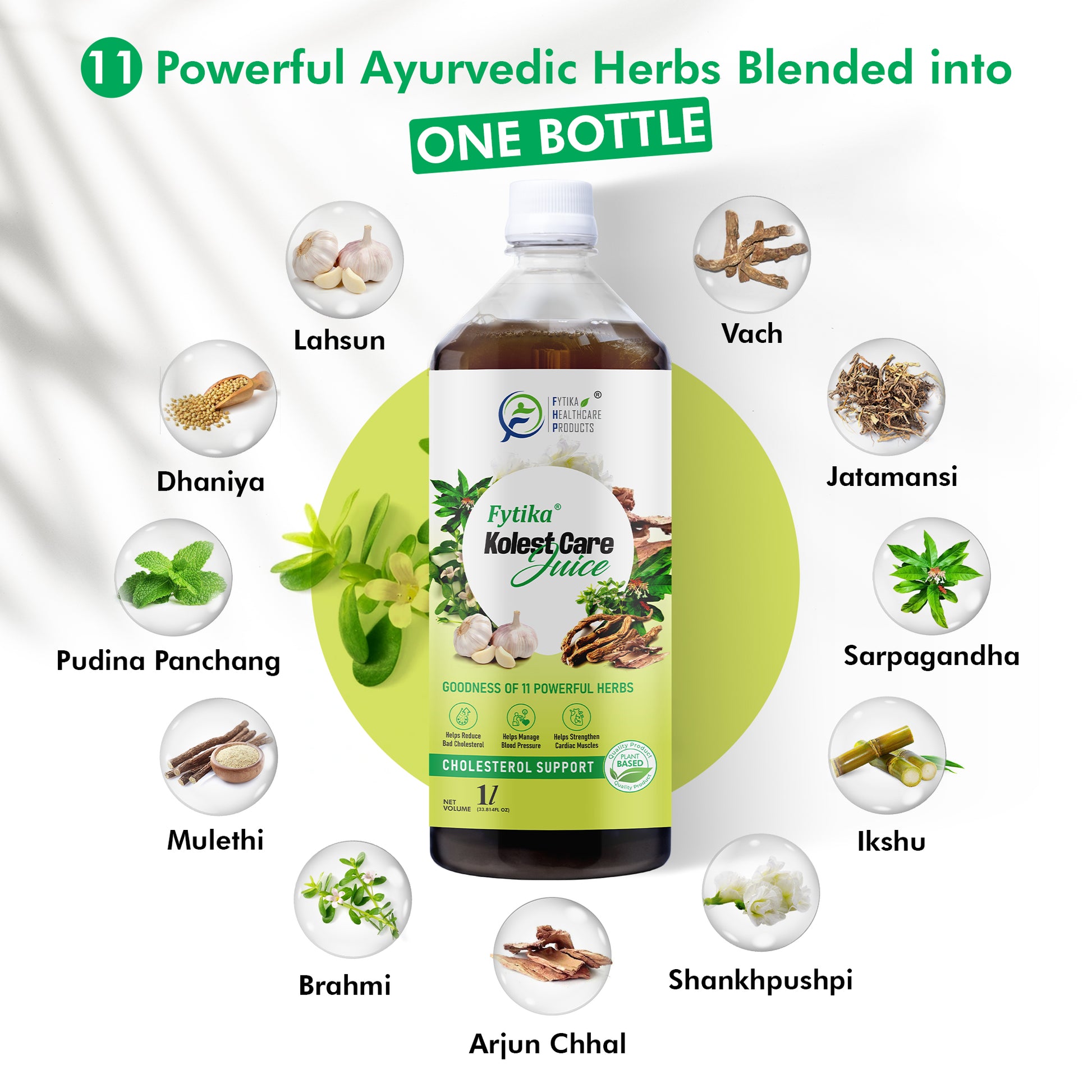 Fytika Kolest Care Juice - Cholesterol Support Juice | Arjun Chhal,Vach, Jatamansi, Shankpushpi, Pudina, Mulethi, Dhaniya, Lahsun | For Men & Women - 1L - Fytika Healthcare Products