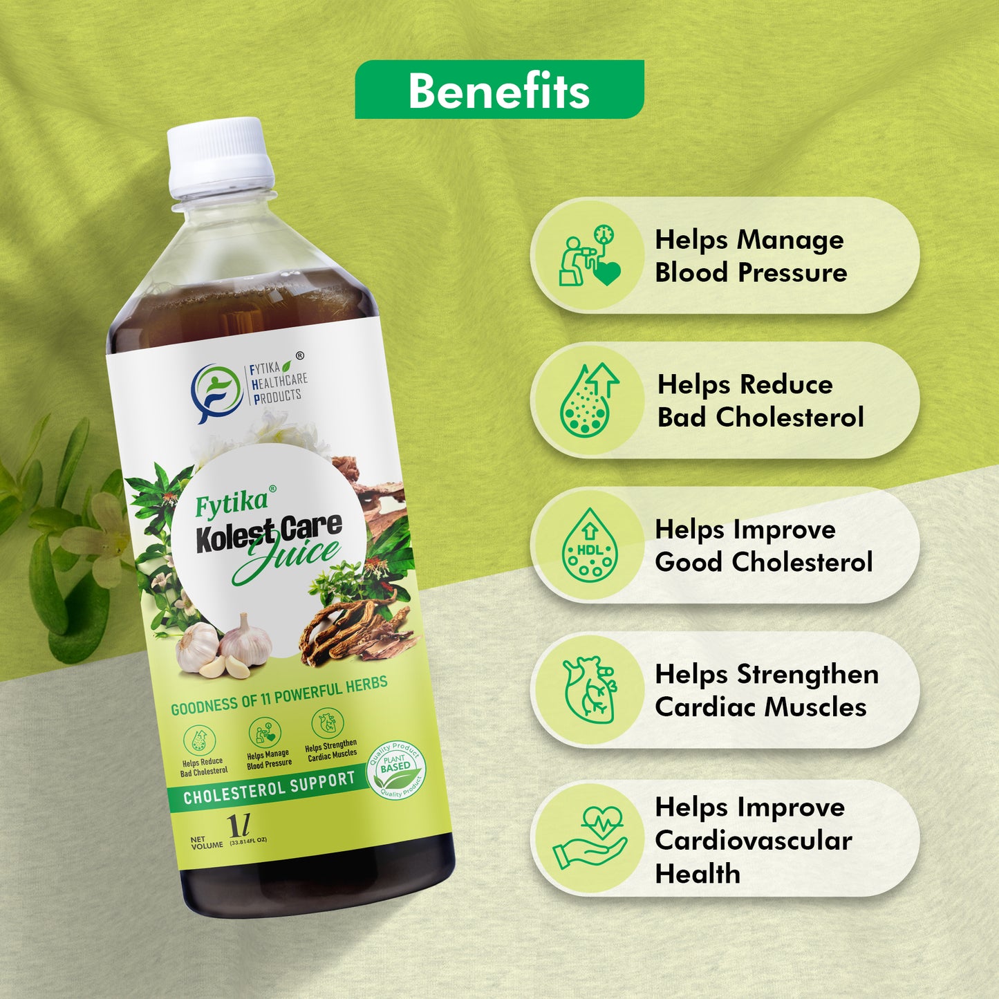 Fytika Kolest Care Juice - Cholesterol Support Juice | Arjun Chhal,Vach, Jatamansi, Shankpushpi, Pudina, Mulethi, Dhaniya, Lahsun | For Men & Women - 1L - Fytika Healthcare Products