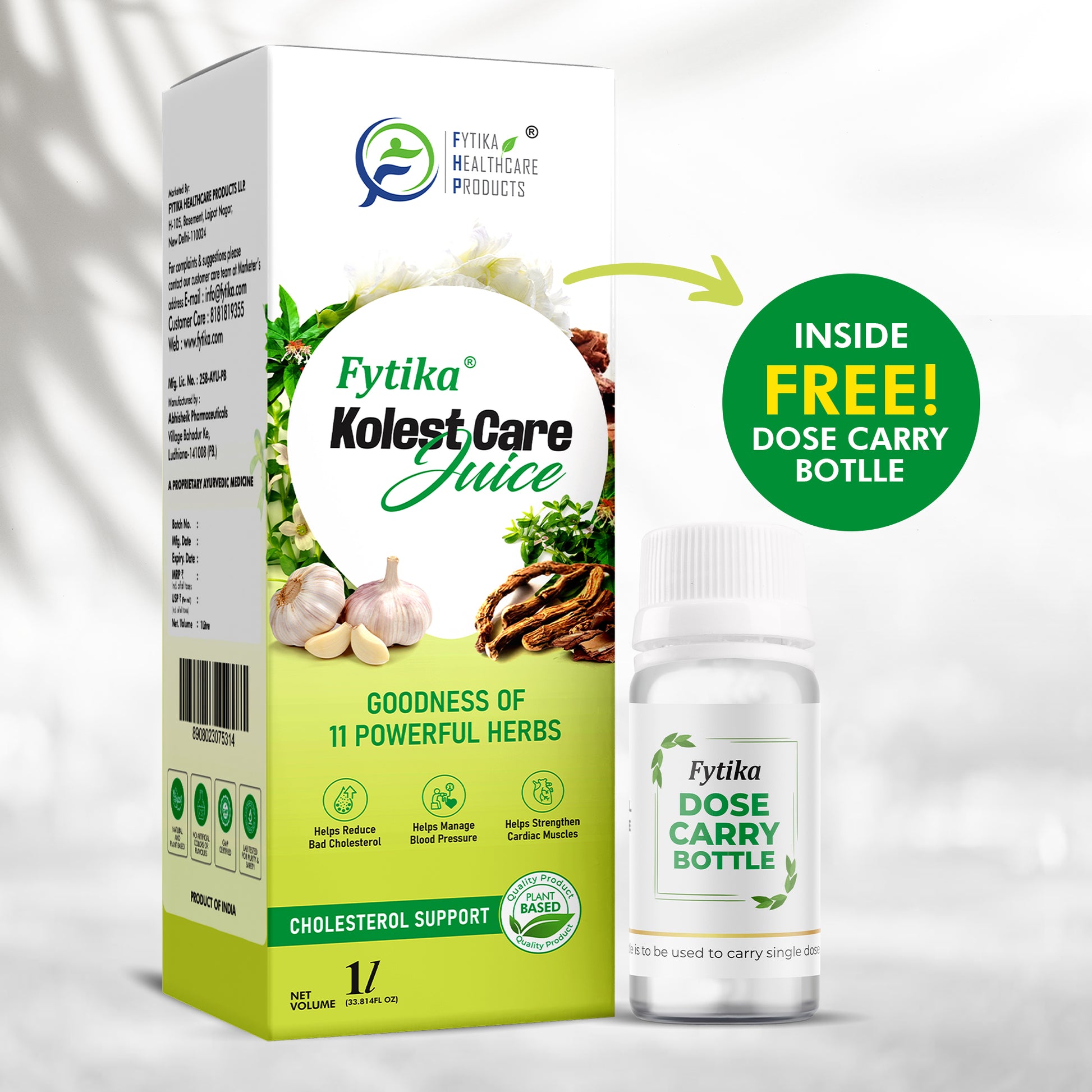 Fytika Kolest Care Juice - Cholesterol Support Juice | Arjun Chhal,Vach, Jatamansi, Shankpushpi, Pudina, Mulethi, Dhaniya, Lahsun | For Men & Women - 1L - Fytika Healthcare Products