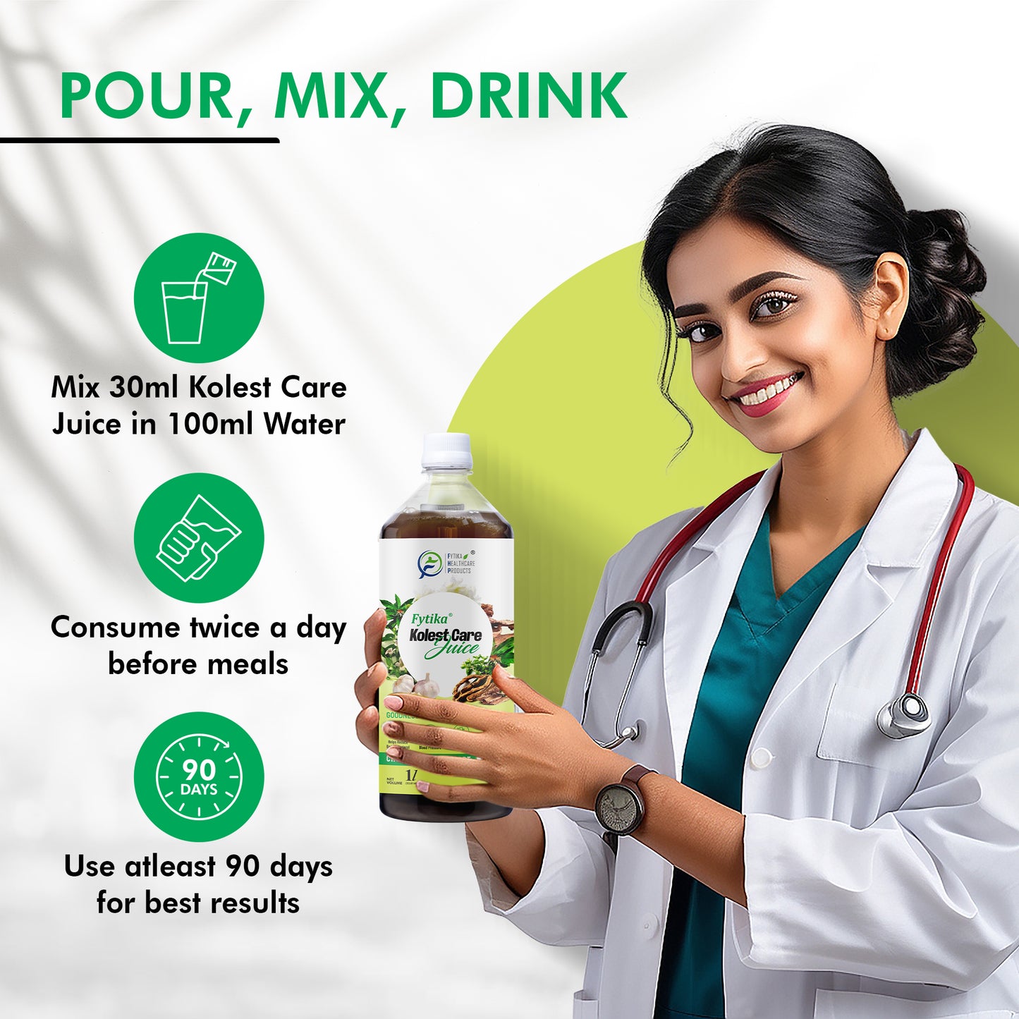 Fytika Kolest Care Juice - Cholesterol Support Juice | Arjun Chhal,Vach, Jatamansi, Shankpushpi, Pudina, Mulethi, Dhaniya, Lahsun | For Men & Women - 1L - Fytika Healthcare Products