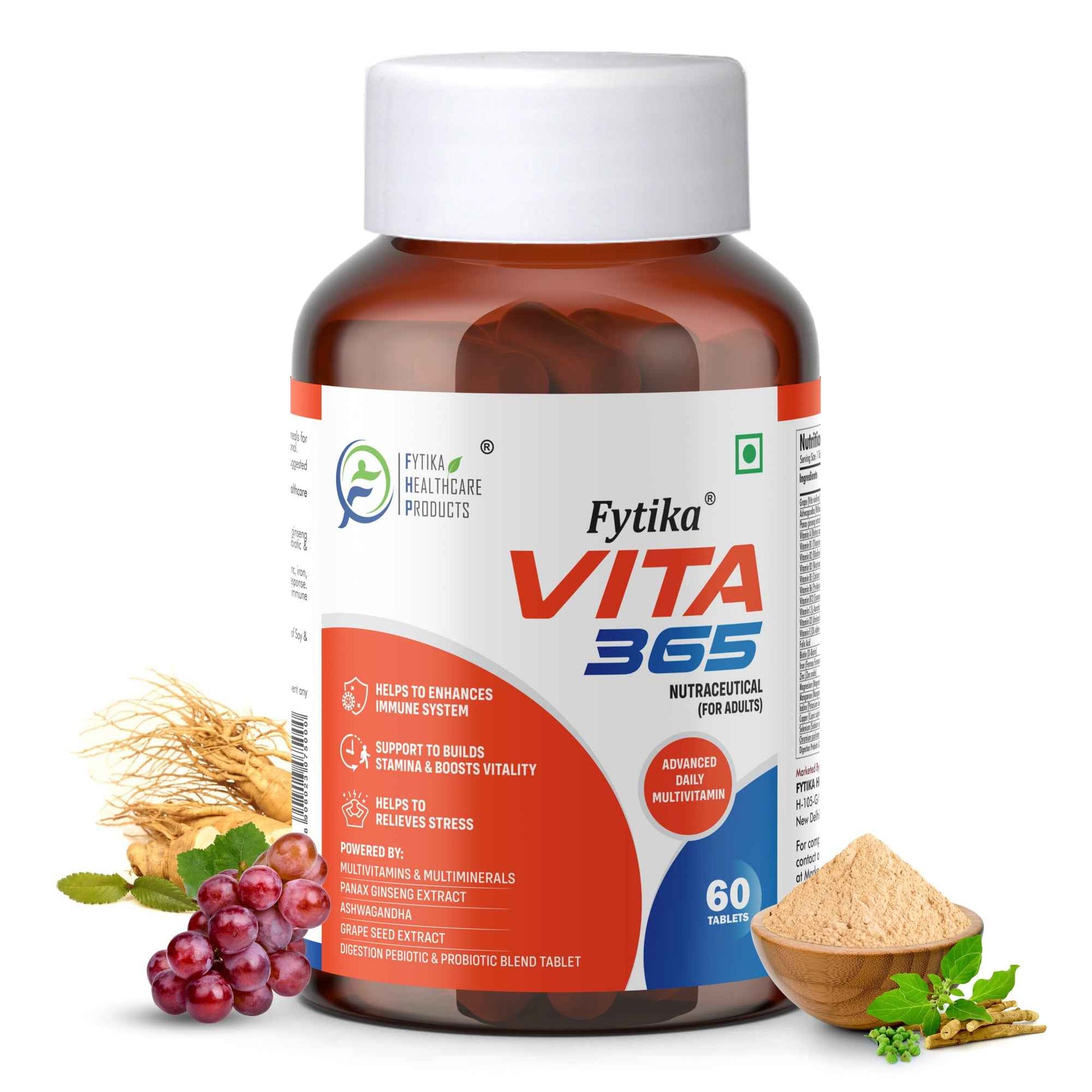 Fytika Vita 365, 3 in 1 Multivitamin - Boosts Energy, Gut Health, Manages Stress,  Ashwagandha, Probiotics, Ginseng, For Men, Women - 60 Tablets