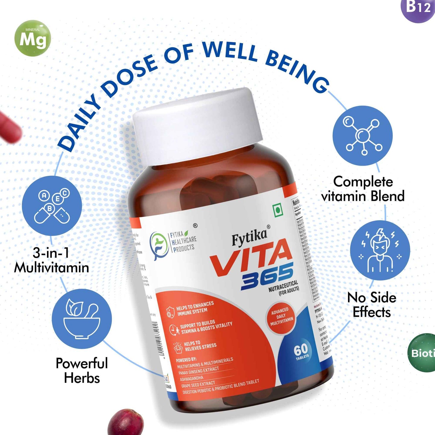 Fytika Vita 365, 3 in 1 Multivitamin - Boosts Energy, Gut Health, Manages Stress, Ashwagandha, Probiotics, Ginseng, For Men, Women - 60 Tablets