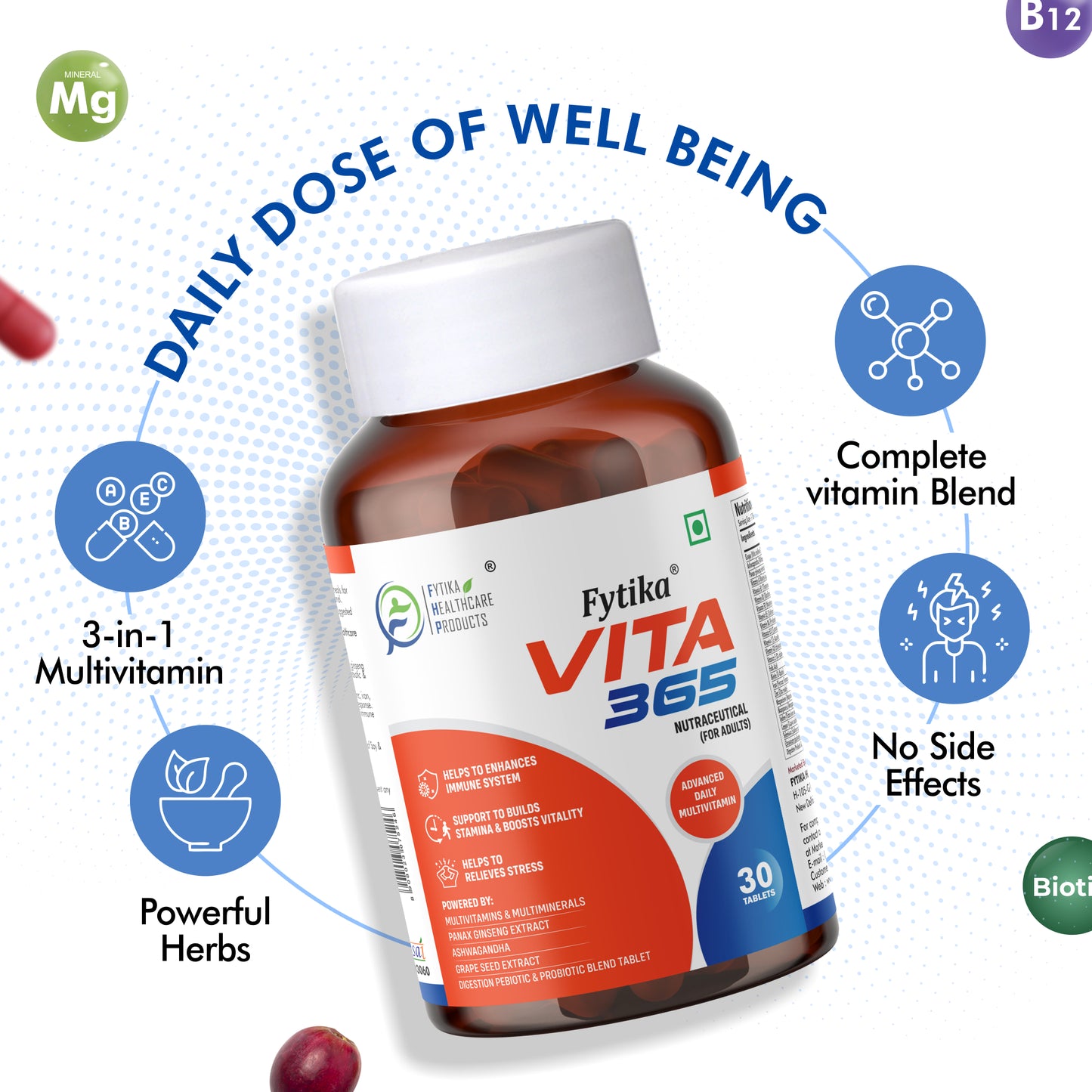 Fytika Vita 365, 3 in 1 Multivitamin - Boosts Energy, Gut Health, Manages Stress, Ashwagandha, Probiotics, Ginseng, For Men, Women - 30 Tablets - Fytika Healthcare Products