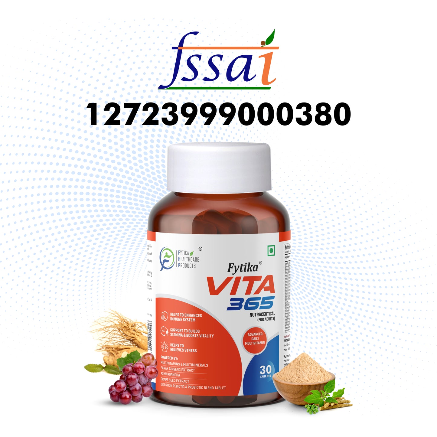 Fytika Vita 365, 3 in 1 Multivitamin - Boosts Energy, Gut Health, Manages Stress, Ashwagandha, Probiotics, Ginseng, For Men, Women - 30 Tablets - Fytika Healthcare Products