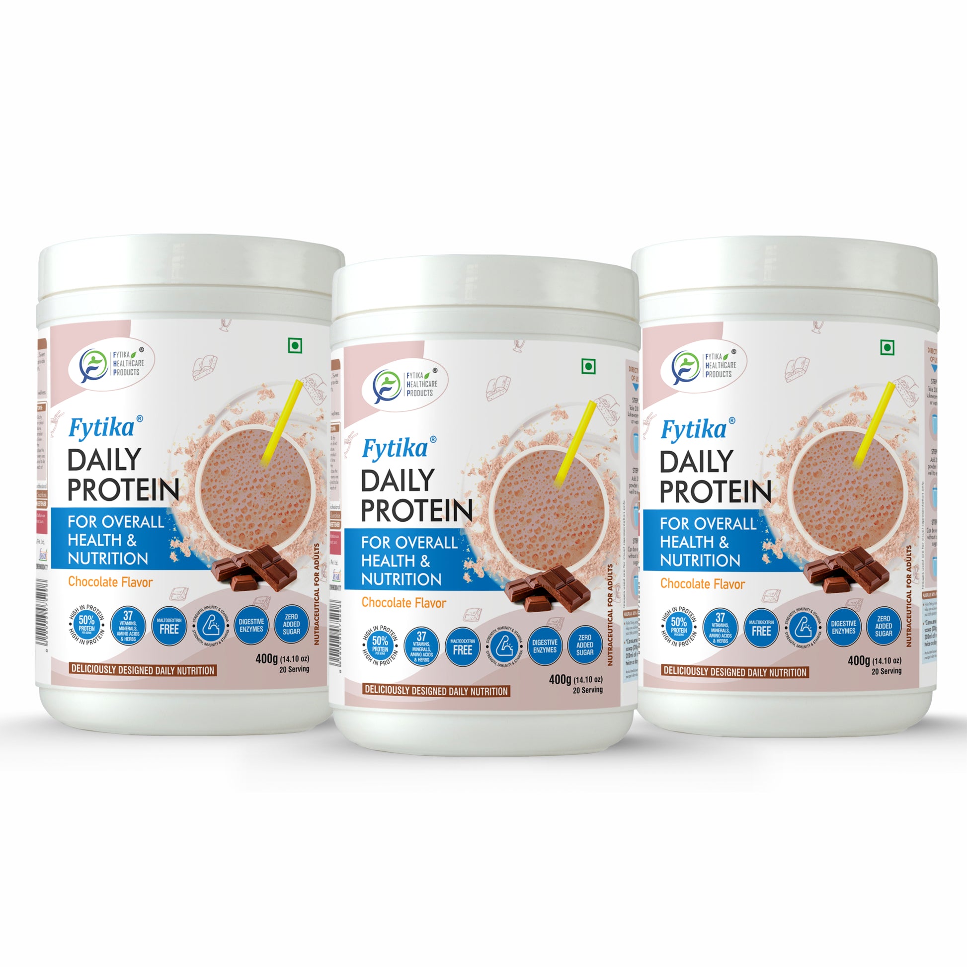 Fytika Daily Protein Powder- Chocolate Flavour - Complete Nutrition Drink with 37 Essential Vitamins and Minerals | 50% Protein Per Serve | High Protein Drink for Men and Women | Net - 400g - Fytika Healthcare Products