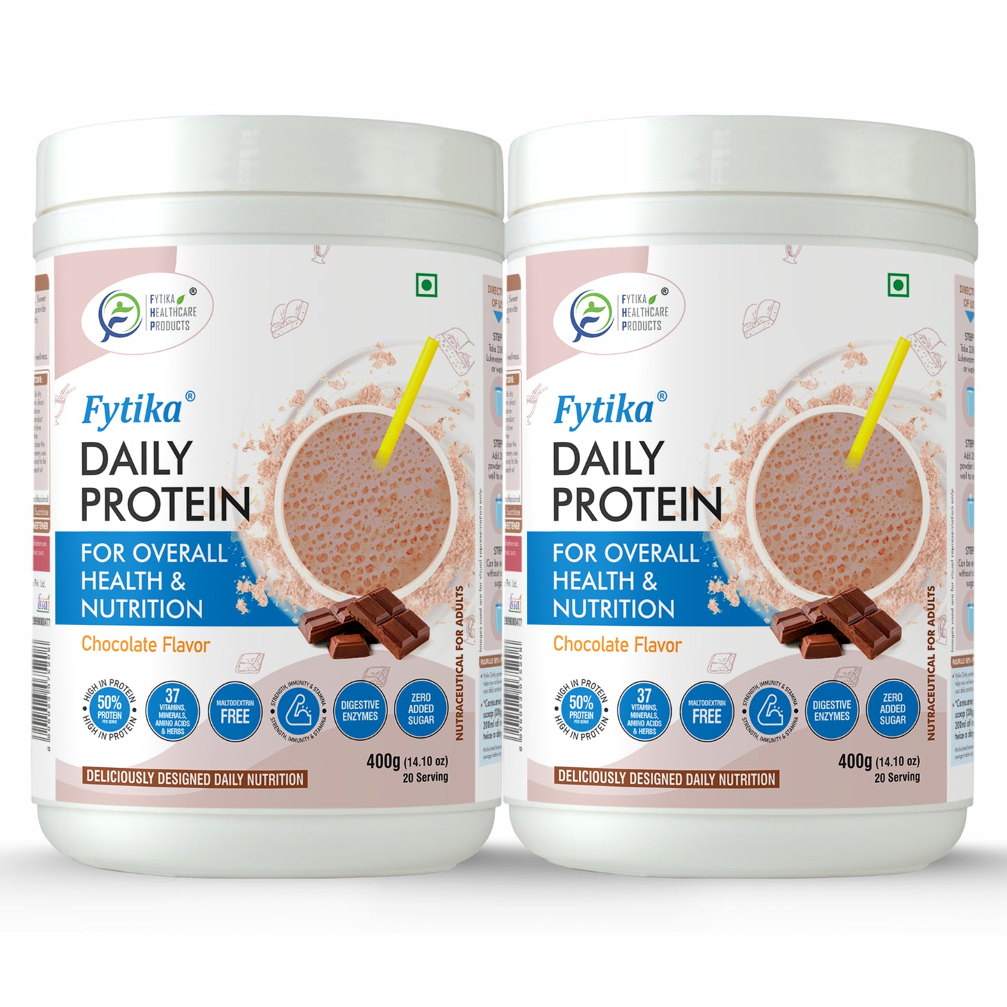 Fytika Daily Protein Powder- Chocolate Flavour - Complete Nutrition Drink with 37 Essential Vitamins and Minerals | 50% Protein Per Serve | High Protein Drink for Men and Women | Net - 400g - Fytika Healthcare Products