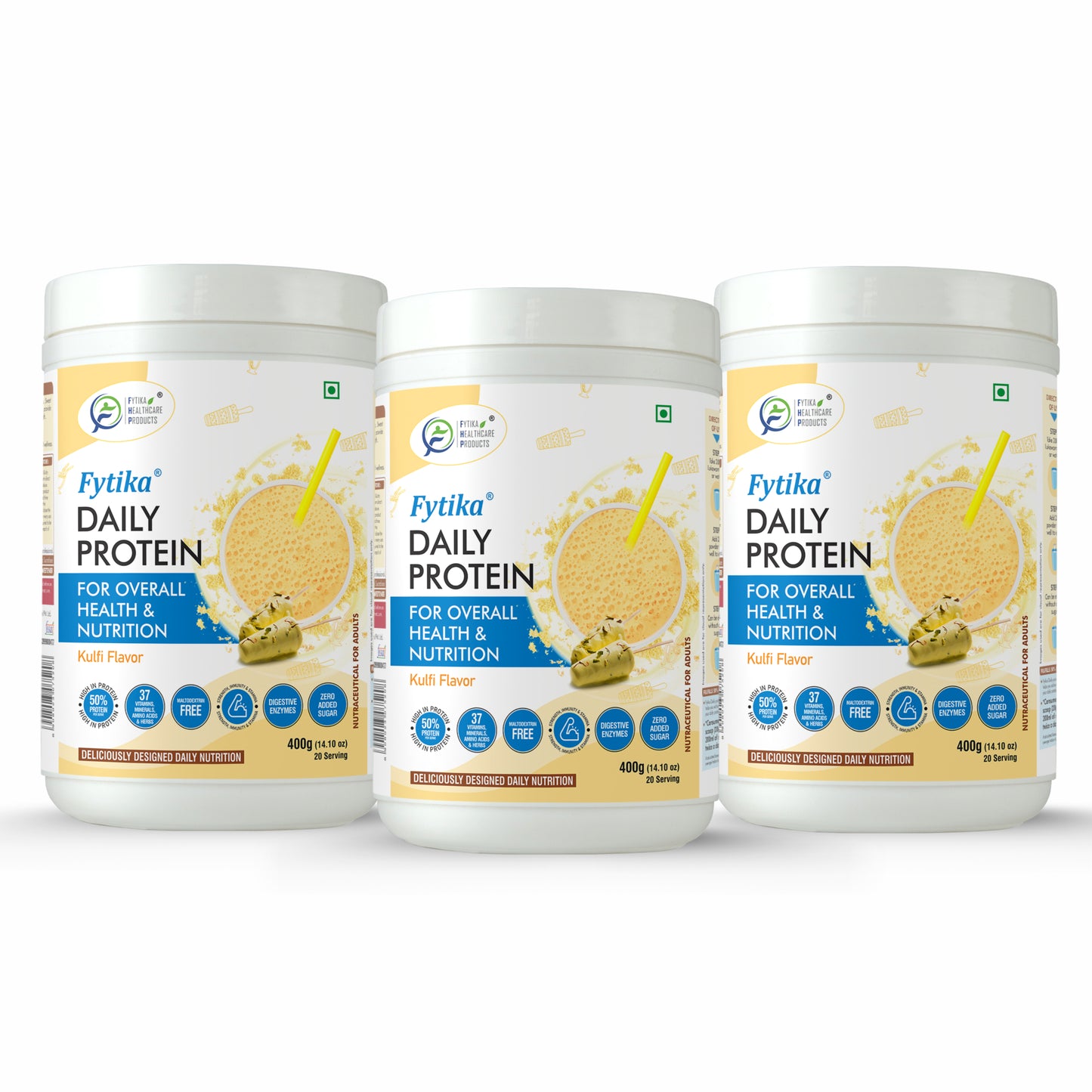 Fytika Daily Protein Powder - Kulfi Flavour - Complete Nutrition Drink with 37 Essential Vitamins and Minerals | 50% Protein Per Serve | High Protein Drink for Men and Women | Net - 400g - Fytika Healthcare Products