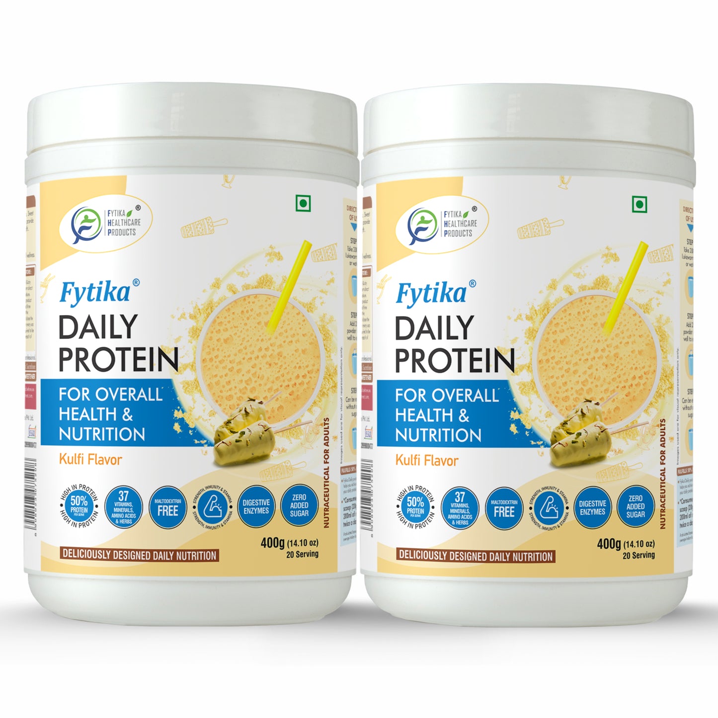 Fytika Daily Protein Powder - Kulfi Flavour - Complete Nutrition Drink with 37 Essential Vitamins and Minerals | 50% Protein Per Serve | High Protein Drink for Men and Women | Net - 400g - Fytika Healthcare Products