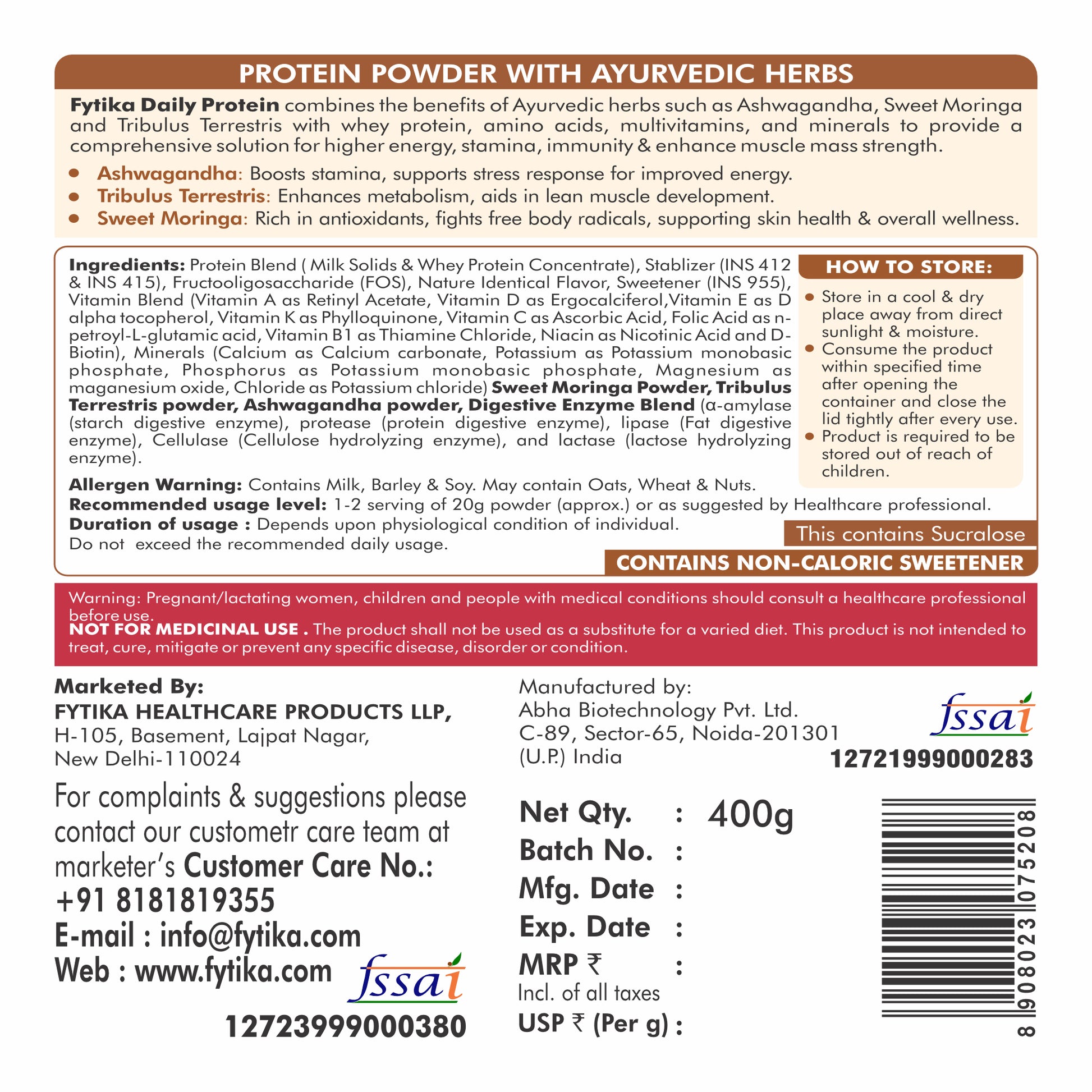 Fytika Daily Protein Powder - Complete Nutrition Drink, 37 Essential Vitamins, Minerals, 50 Percent Protein Per Serve, For Men, Women, Vanilla Flavor - 400 G - Fytika Healthcare Products