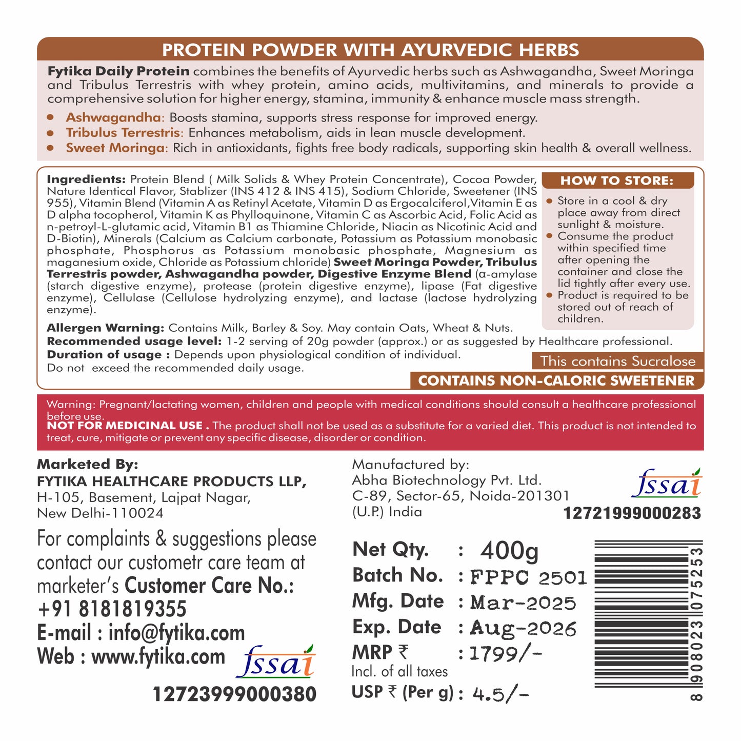 Fytika Daily Protein Powder- Chocolate Flavour - Complete Nutrition Drink with 37 Essential Vitamins and Minerals | 50% Protein Per Serve | High Protein Drink for Men and Women | Net - 400g - Fytika Healthcare Products