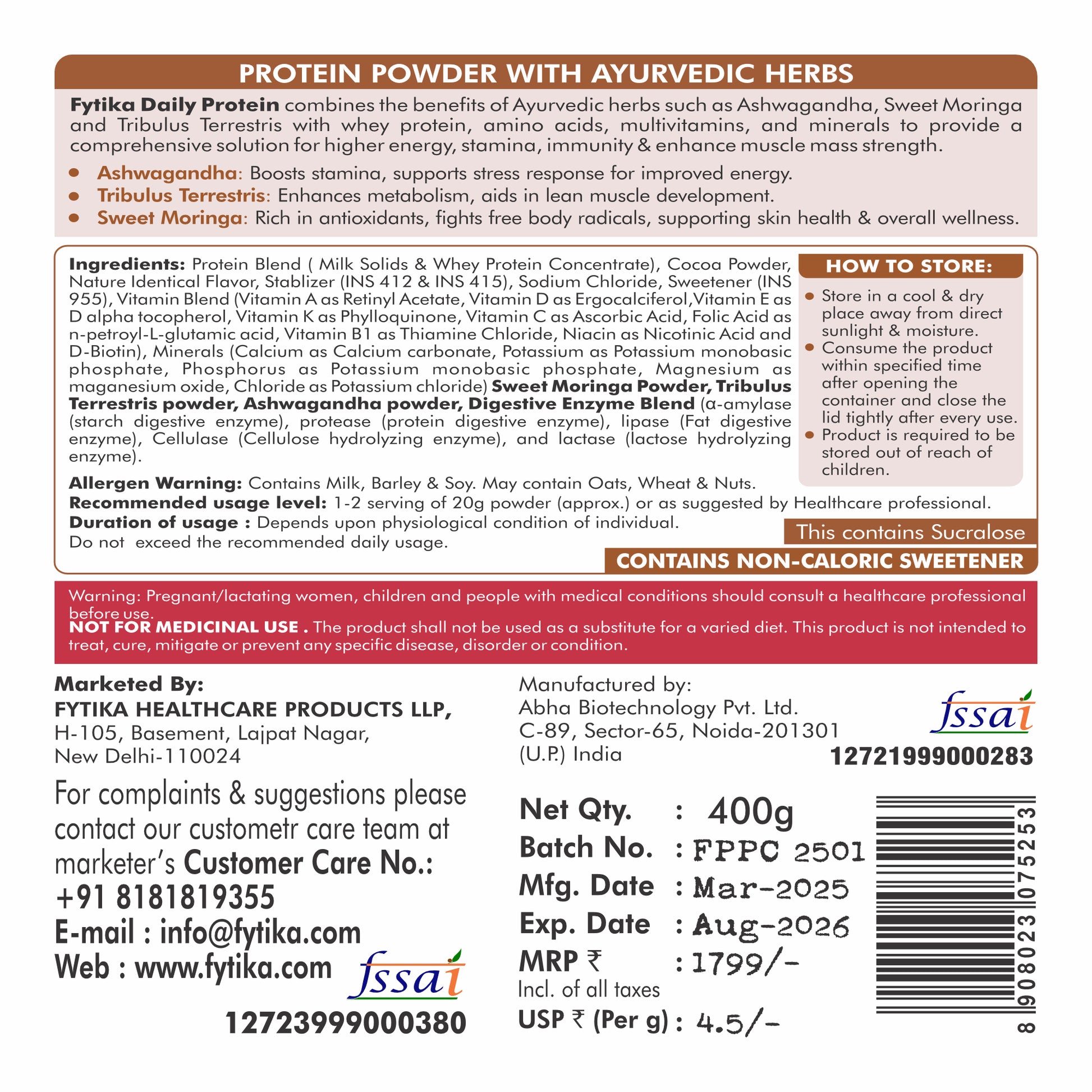 Fytika Daily Protein Powder- Chocolate Flavour - Complete Nutrition Drink with 37 Essential Vitamins and Minerals | 50% Protein Per Serve | High Protein Drink for Men and Women | Net - 400g - Fytika Healthcare Products