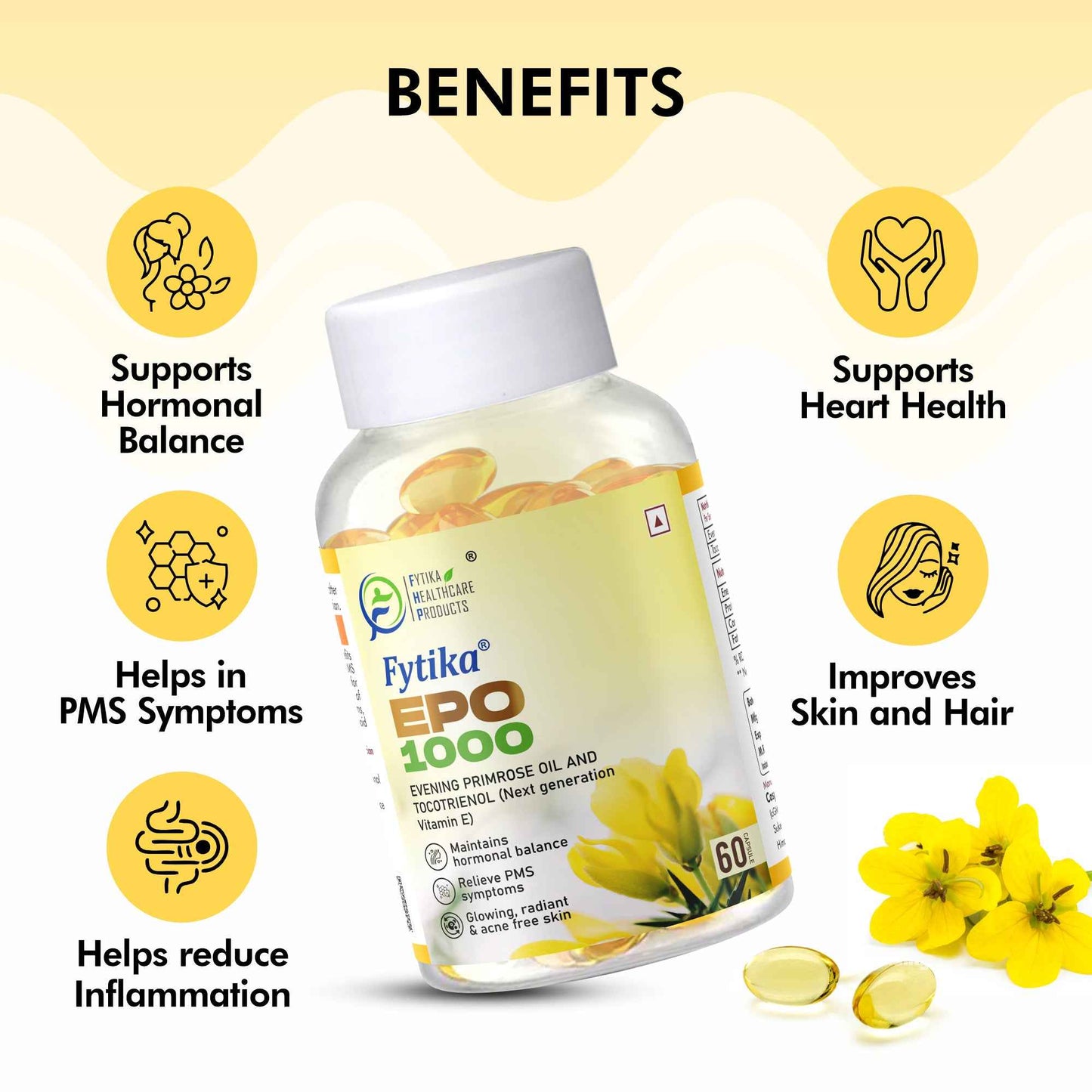 Fytika Evening Primrose Oil - EPO 1000 MG, Promotes Hormonal Balance, Radiant Skin, Relieves PMS - 60 Softgels