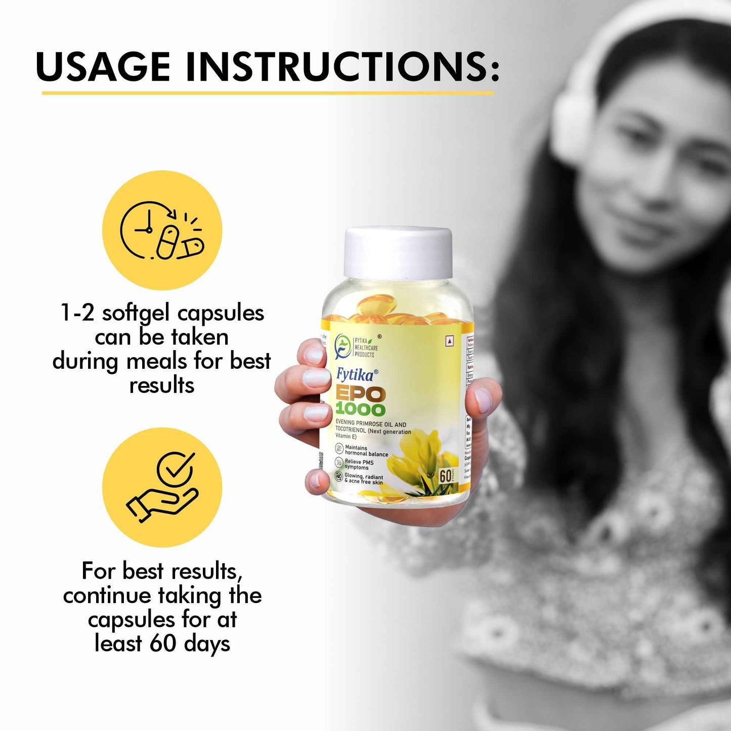 Fytika Evening Primrose Oil - EPO 1000 MG, Promotes Hormonal Balance, Radiant Skin, Relieves PMS - 60 Softgels