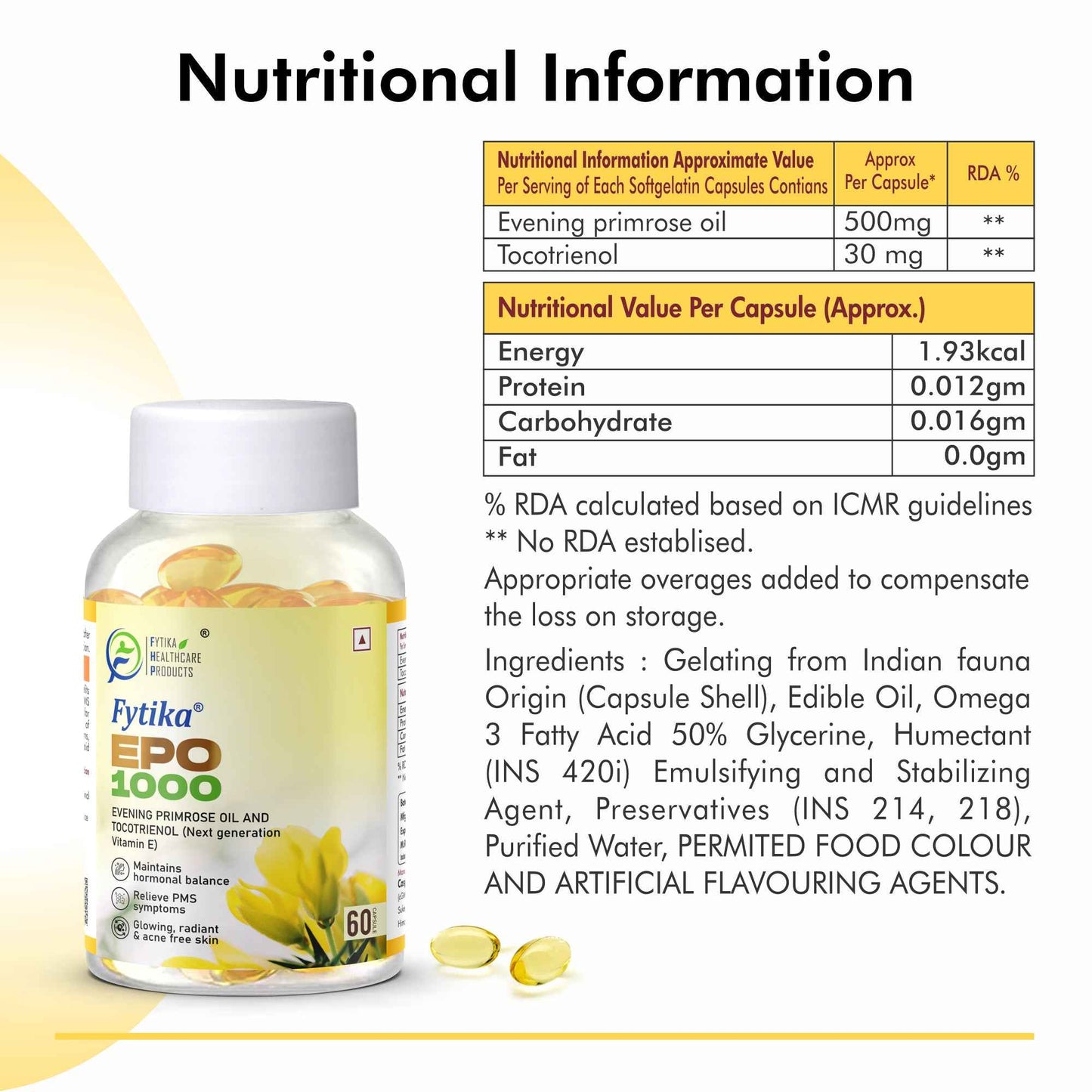 Fytika Evening Primrose Oil - EPO 1000 MG, Promotes Hormonal Balance, Radiant Skin, Relieves PMS - 60 Softgels