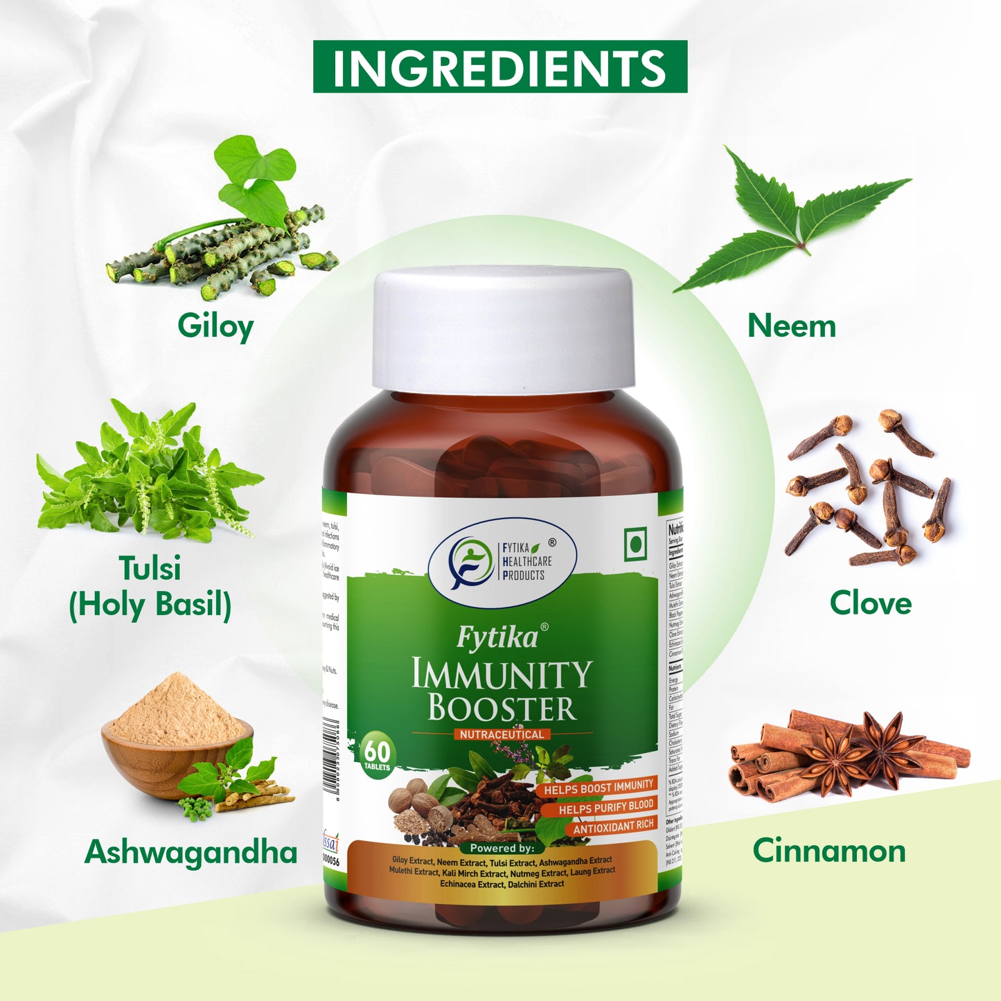 Fytika Immunity Booster Tablets for Adults - Support Immune System, Formulated with Giloy, Ashwagandha, Tulsi, Neem and More - 60 Tablets