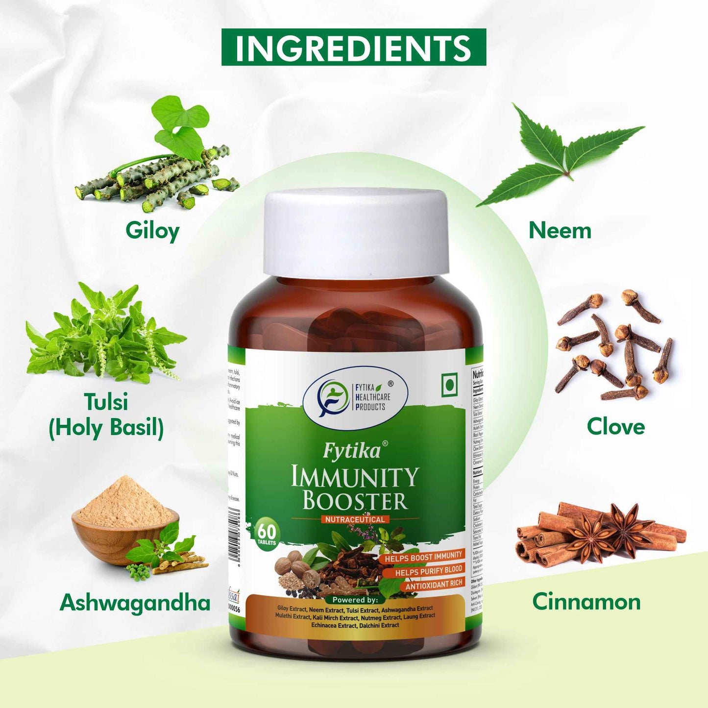 Fytika Immunity Booster Tablets for Adults - Support Immune System, Formulated with Giloy, Ashwagandha, Tulsi, Neem and More - 60 Tablets