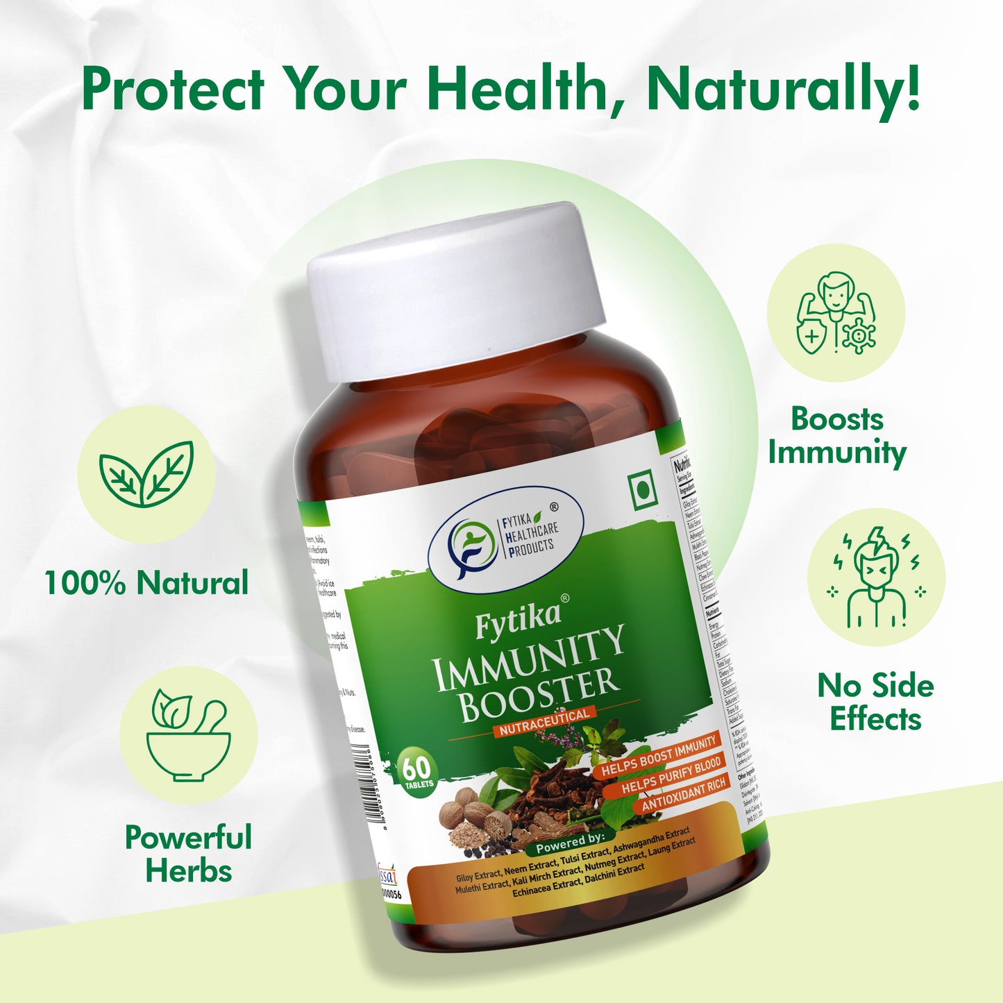 Fytika Immunity Booster Tablets for Adults - Support Immune System, Formulated with Giloy, Ashwagandha, Tulsi, Neem and More - 60 Tablets