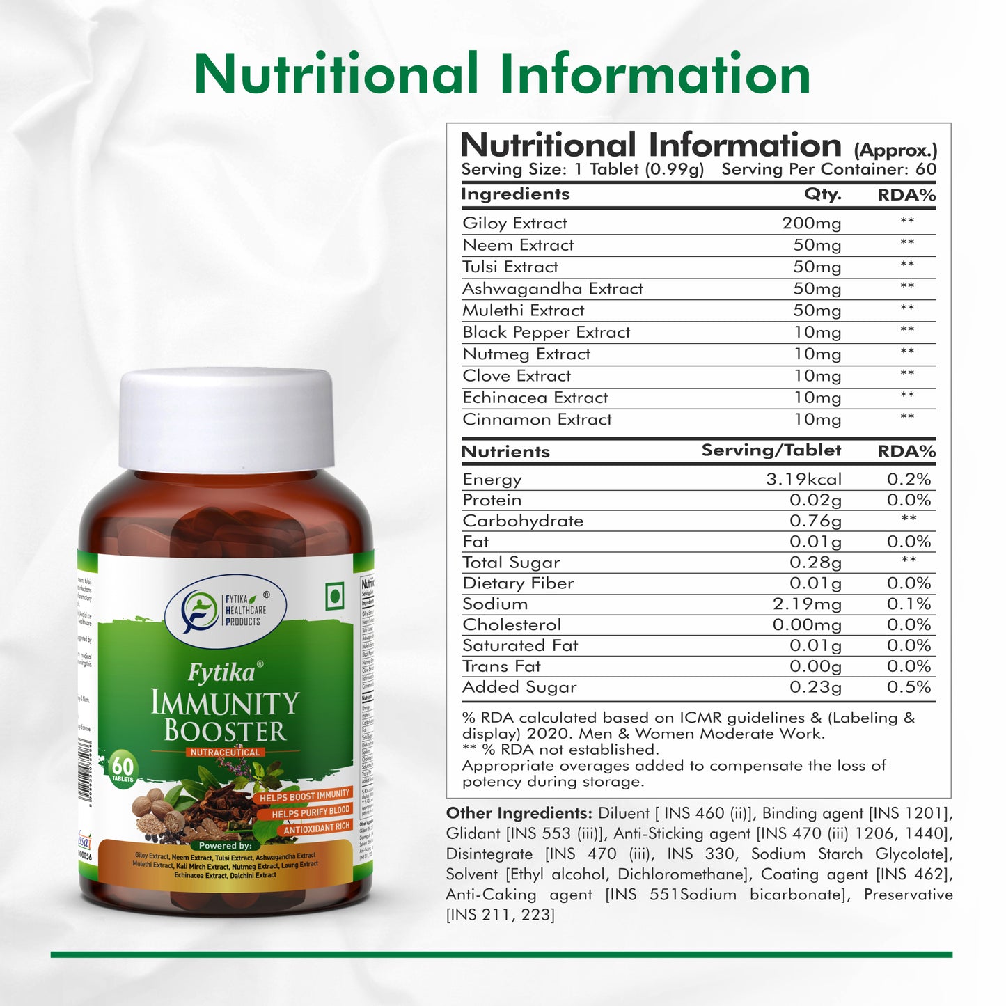 Fytika Immunity Booster Tablets for Adults - Support Immune System, Formulated with Giloy, Ashwagandha, Tulsi, Neem and More - 60 Tablets