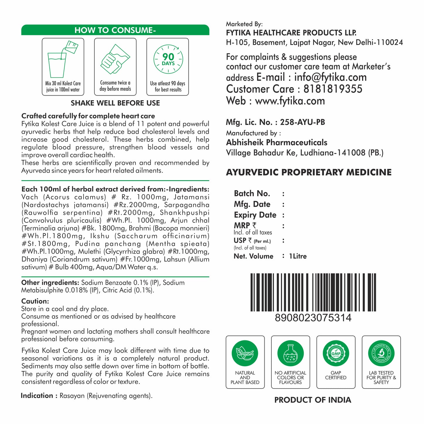 Fytika Kolest Care Juice - Cholesterol Support Juice | Arjun Chhal,Vach, Jatamansi, Shankpushpi, Pudina, Mulethi, Dhaniya, Lahsun | For Men & Women - 1L - Fytika Healthcare Products