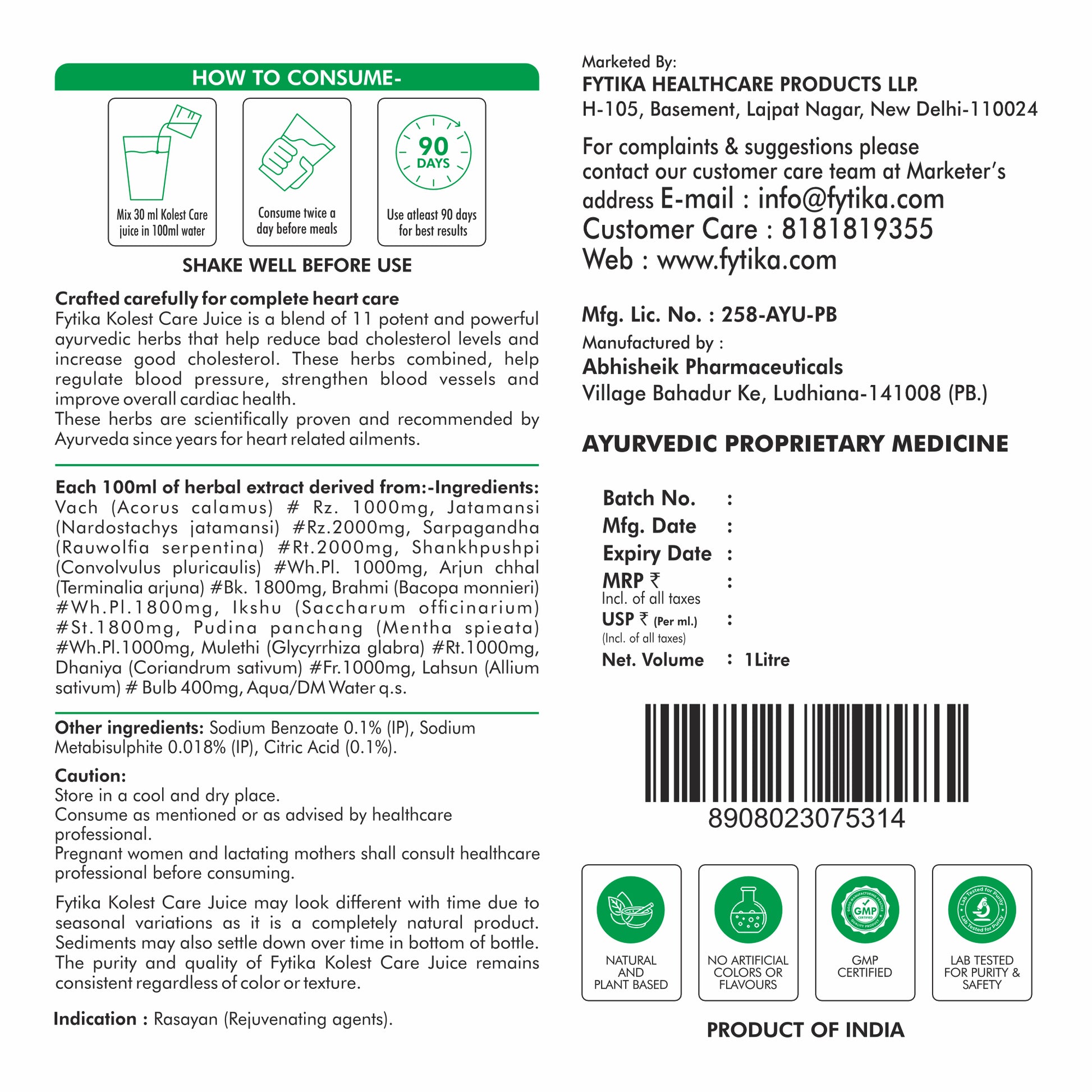 Fytika Kolest Care Juice - Cholesterol Support Juice | Arjun Chhal,Vach, Jatamansi, Shankpushpi, Pudina, Mulethi, Dhaniya, Lahsun | For Men & Women - 1L - Fytika Healthcare Products